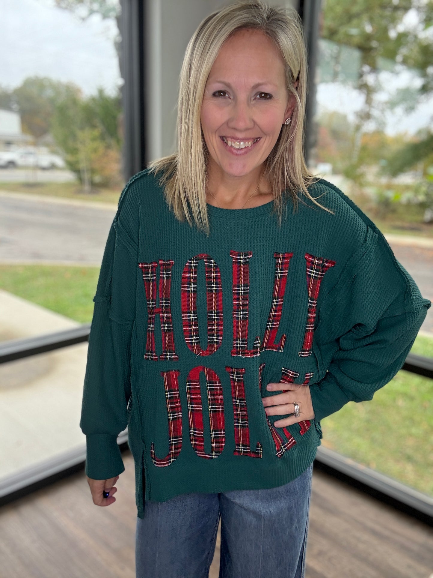 Holly Jolly Plaid Thermal Top- Green