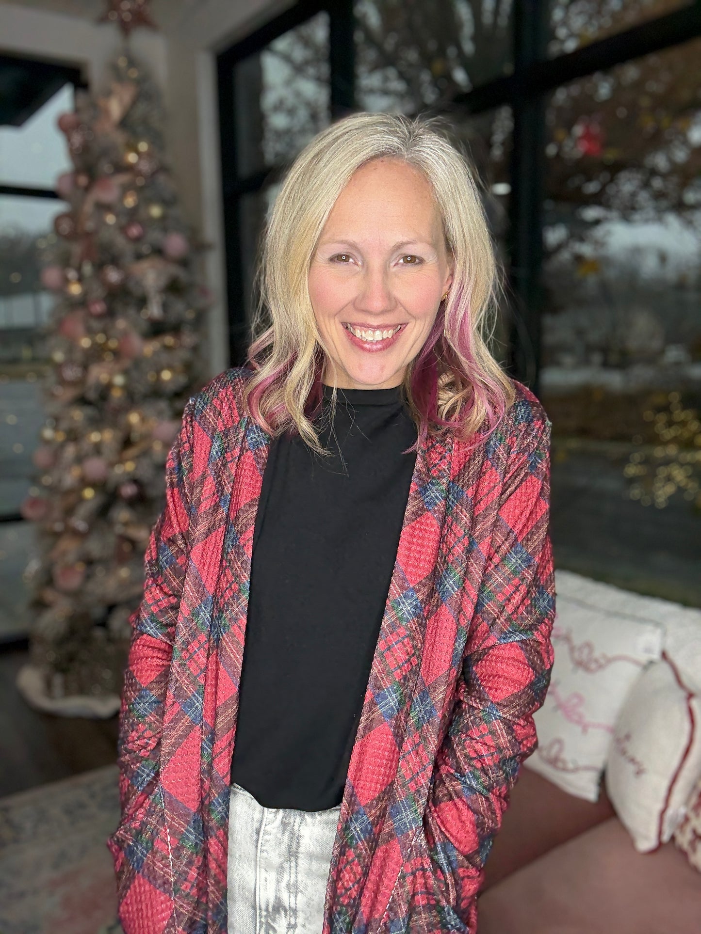 Northwood Plaid Cardigan- Red