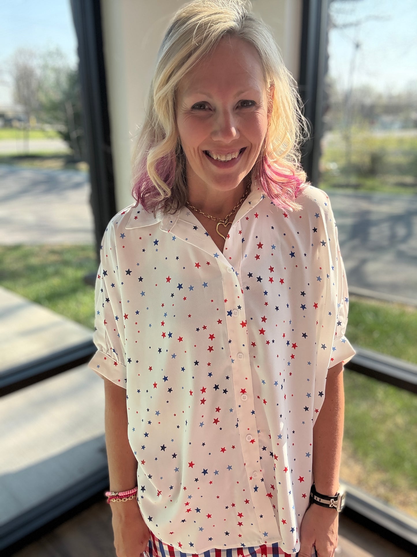 Sutton Button Up Top- Patriotic Stars