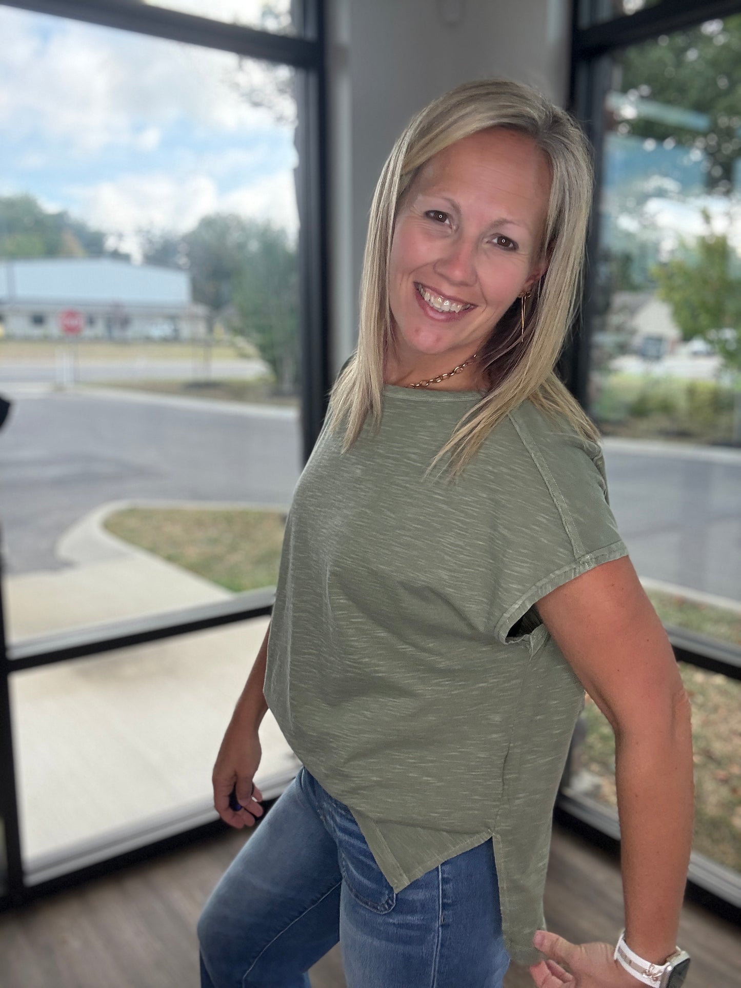 Side Slit Slub Tee- Olive