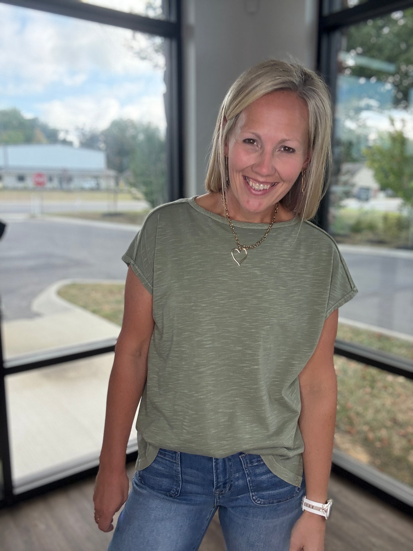 Side Slit Slub Tee- Olive