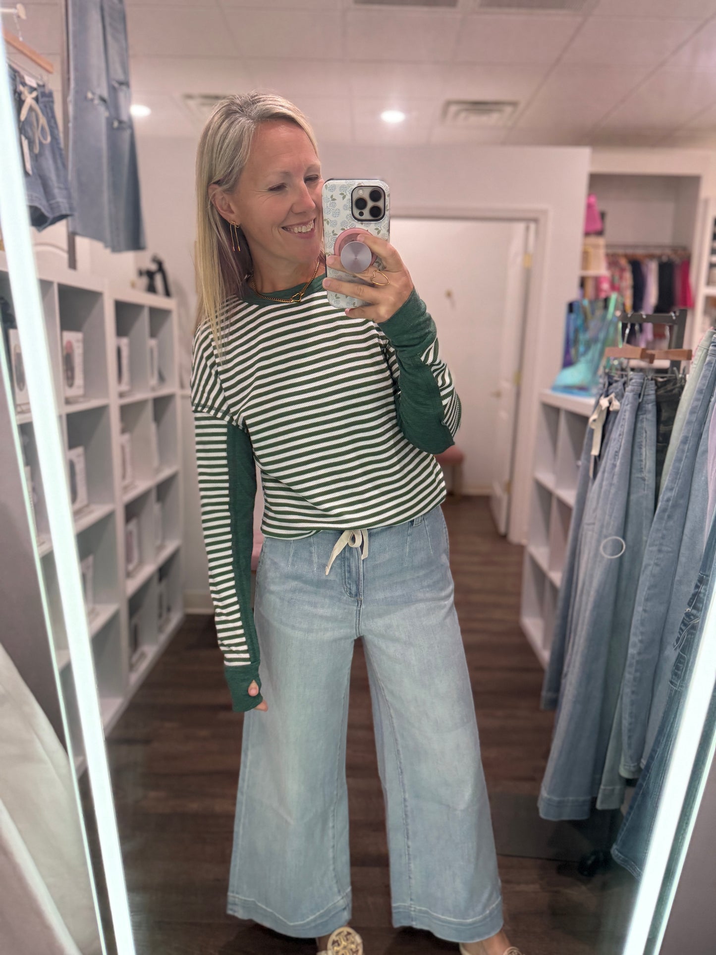 Green & Cream Waffle Top