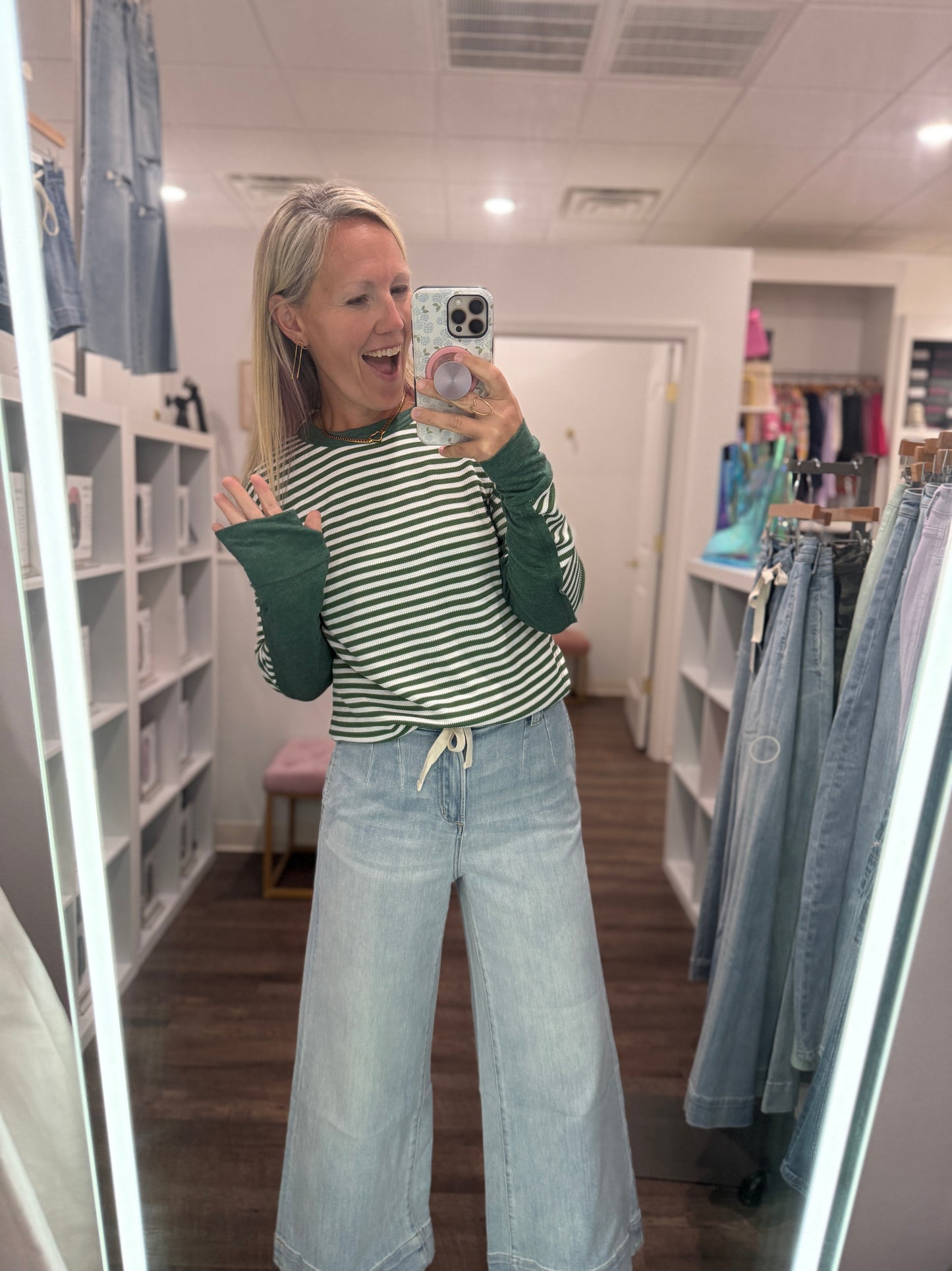Green & Cream Waffle Top