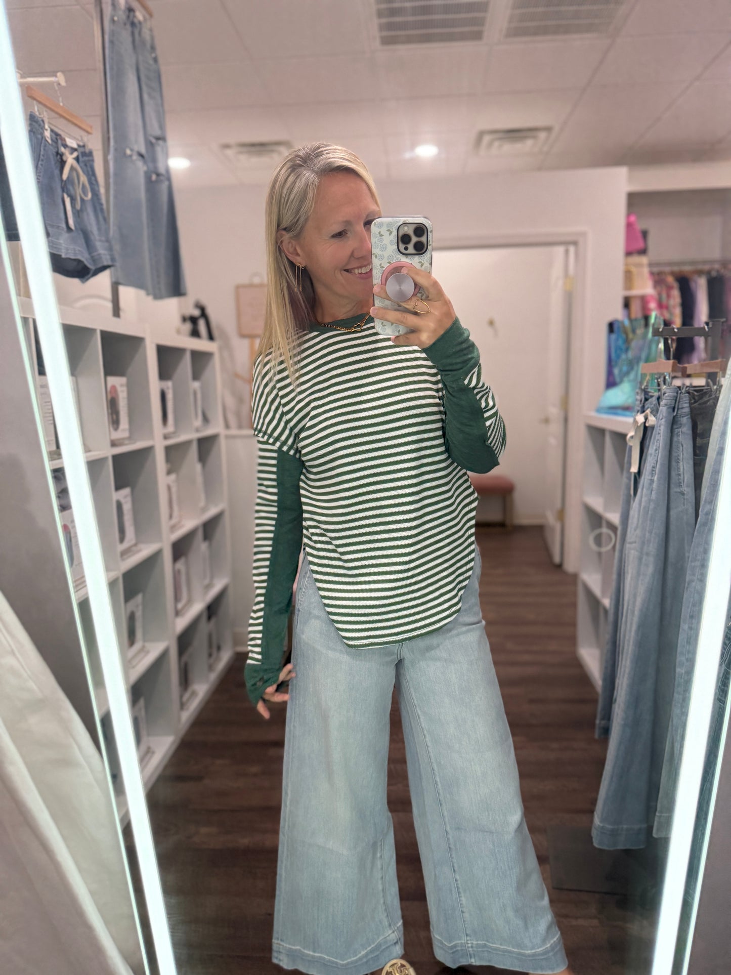 Green & Cream Waffle Top