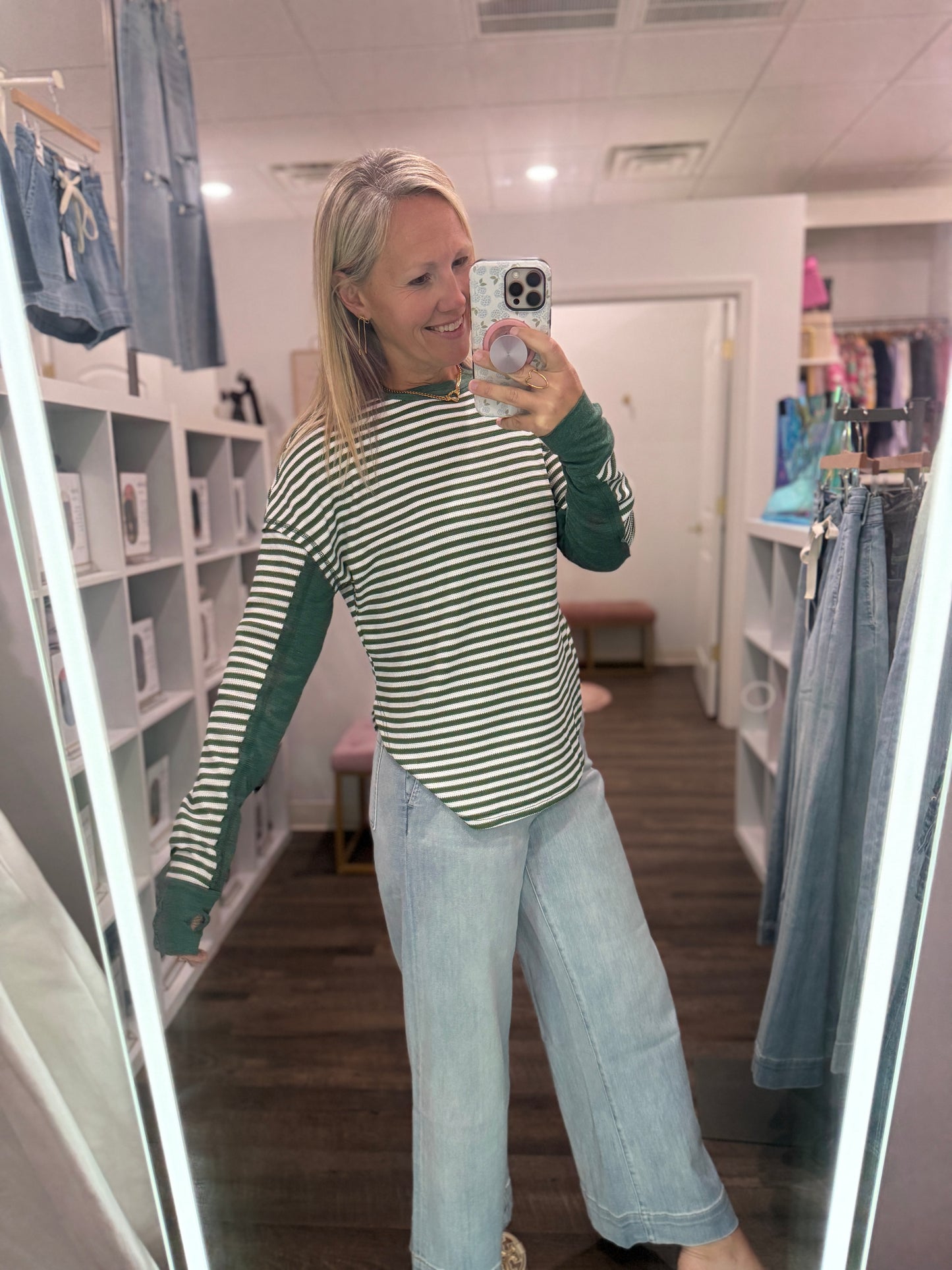 Green & Cream Waffle Top