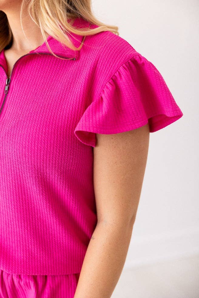 Quarter Zip with Flutter Sleeves- Hot Pink