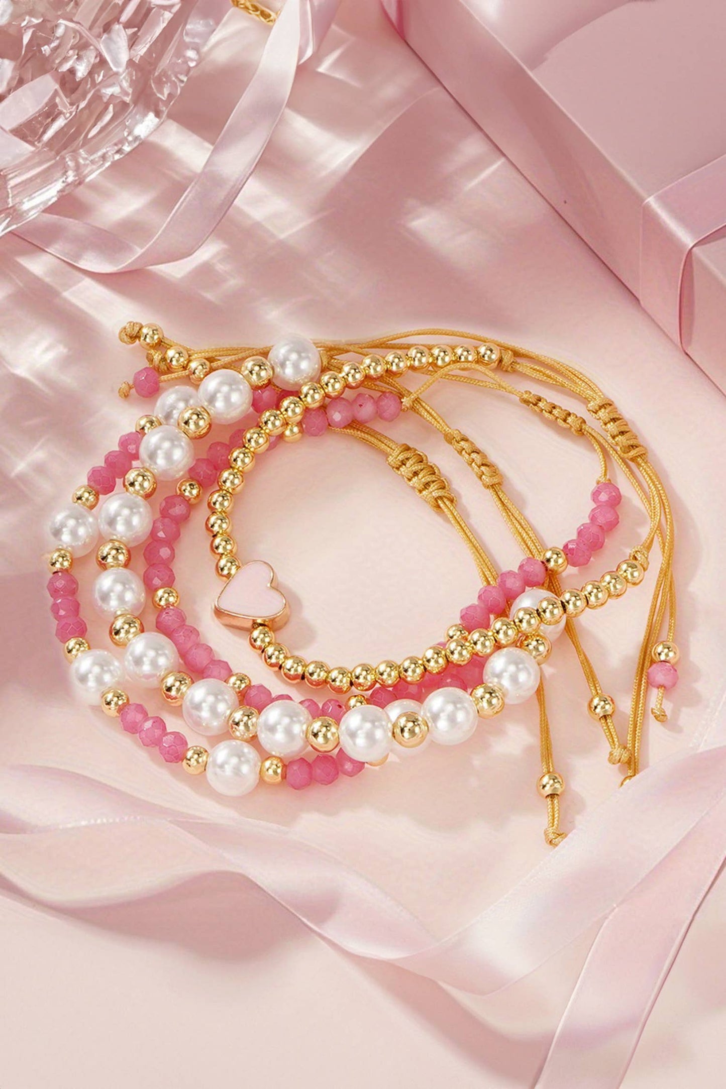 Pink/ Gold Beads Adjustable Bracelet Set