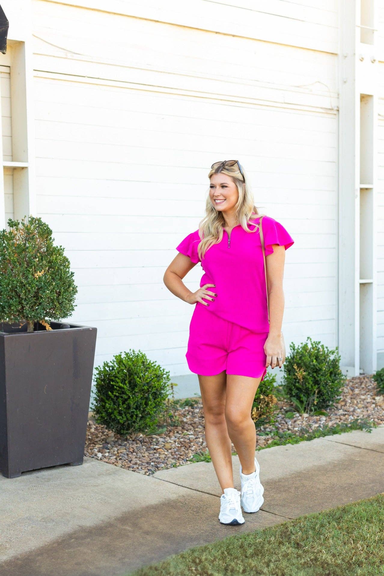 Quarter Zip with Flutter Sleeves- Hot Pink