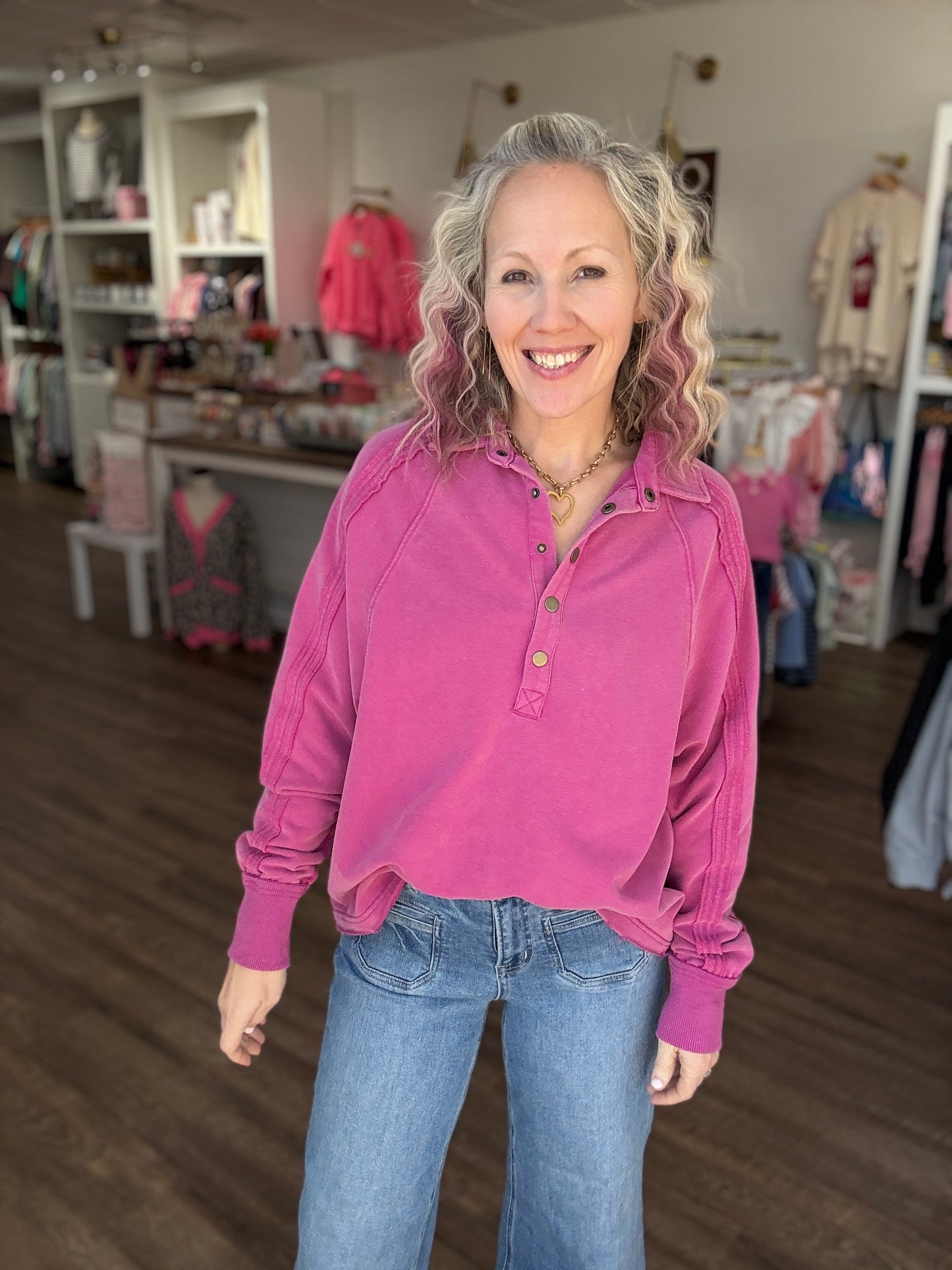 Marley Snap Sweatshirt- Magenta