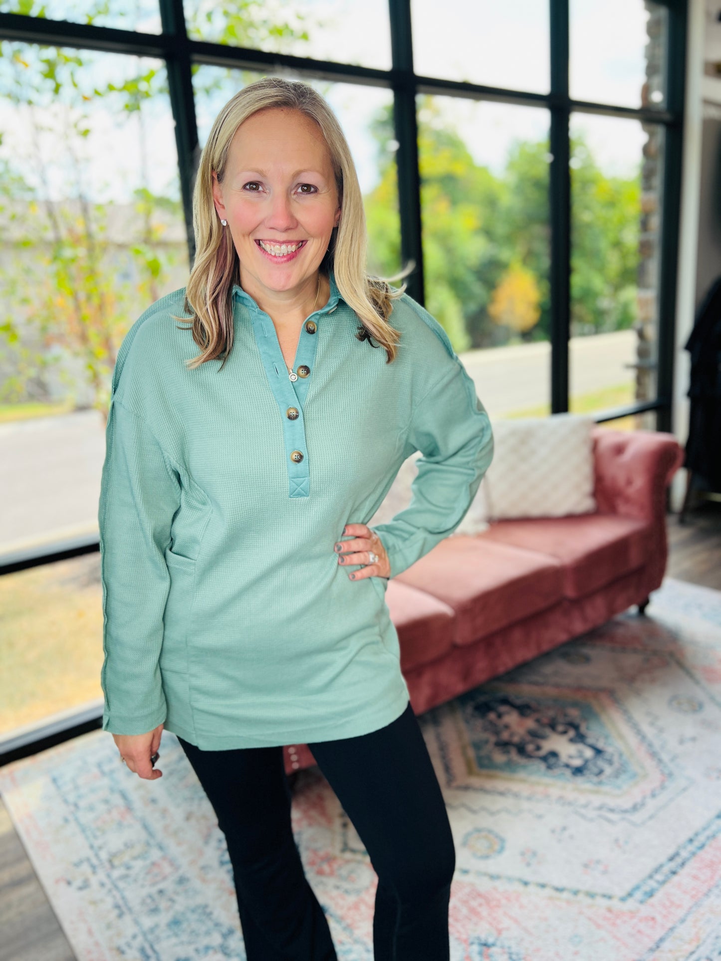 Cozy Henley Top- Smokey Sage