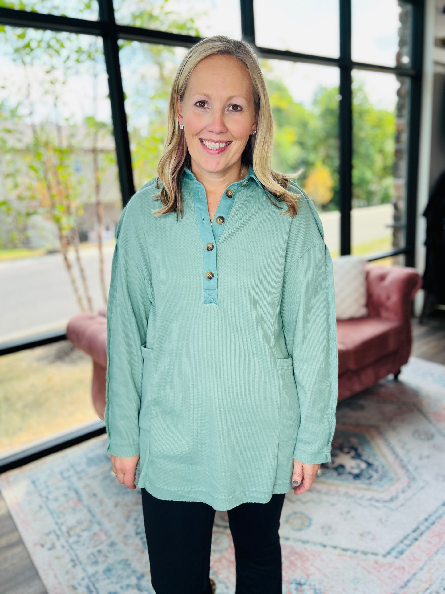 Cozy Henley Top- Smokey Sage