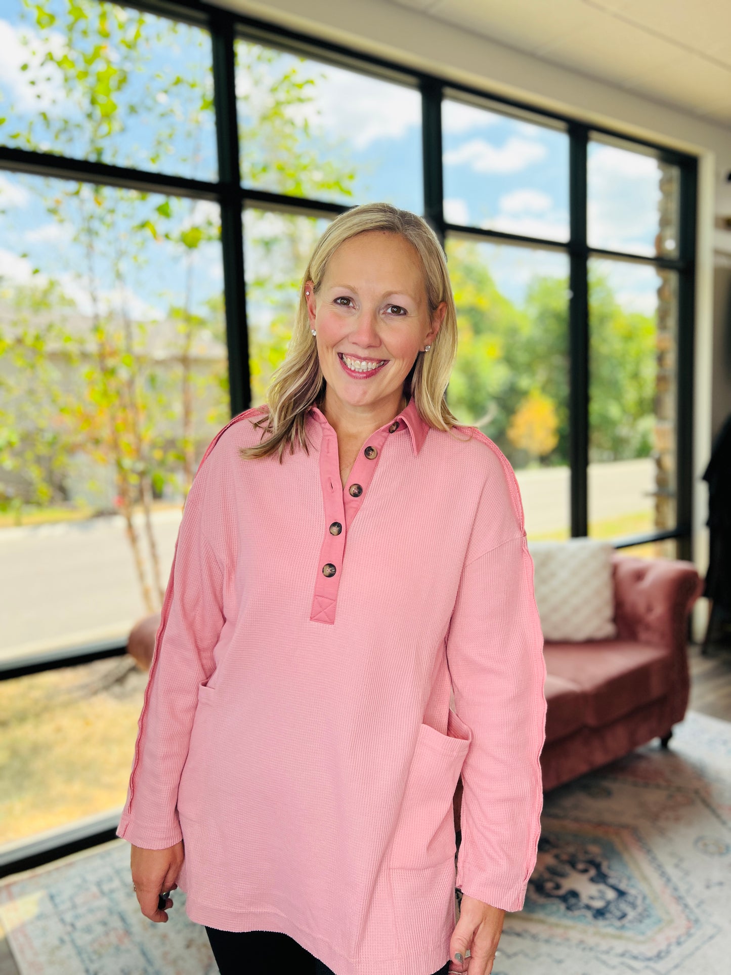 Cozy Henley Top- Dusty Pink