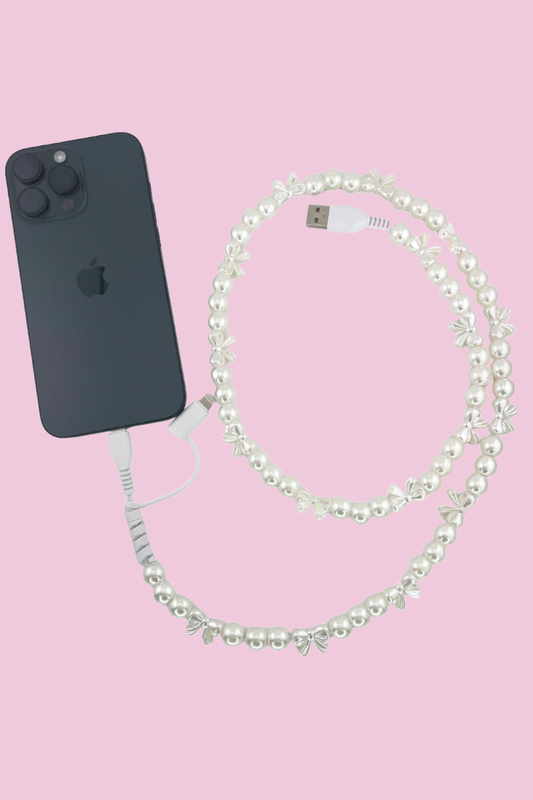 2 in 1 Phone Charger- Pearl & Bows