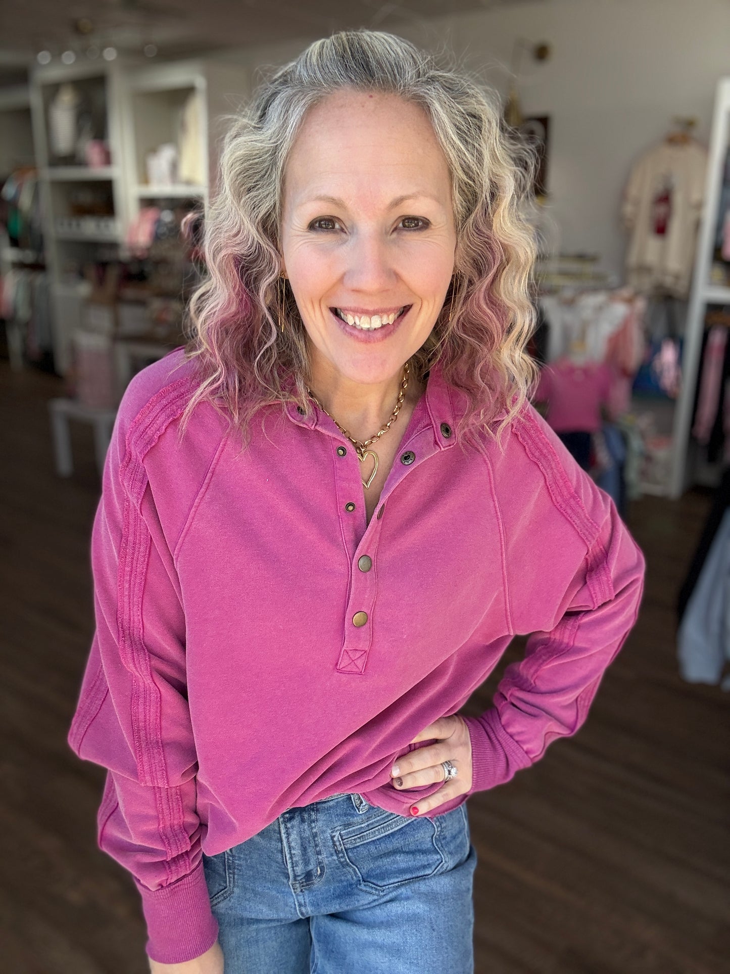 Marley Snap Sweatshirt- Magenta