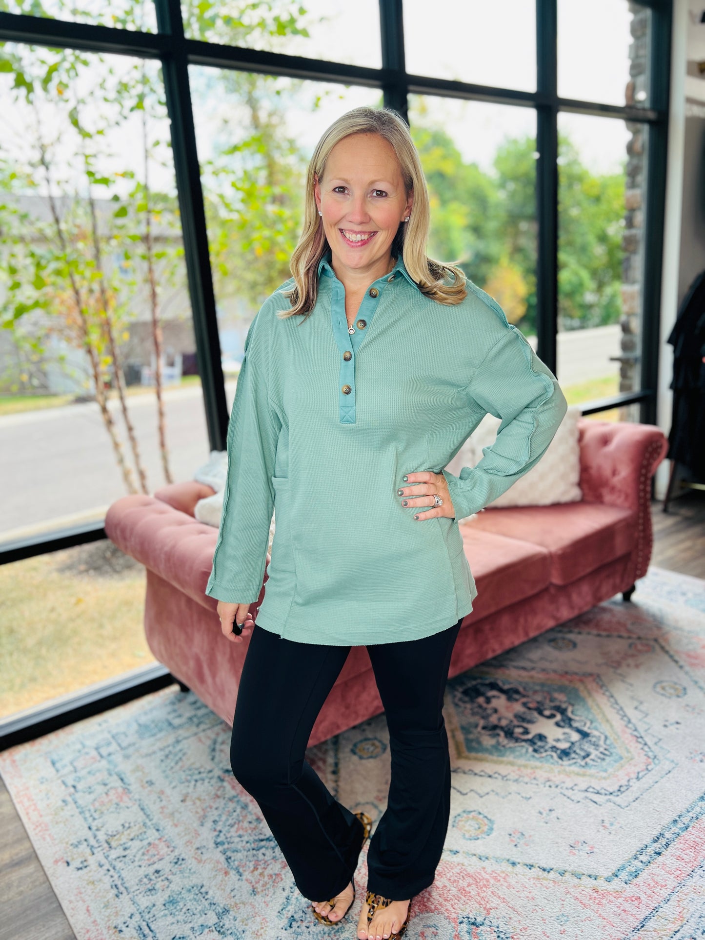 Cozy Henley Top- Smokey Sage