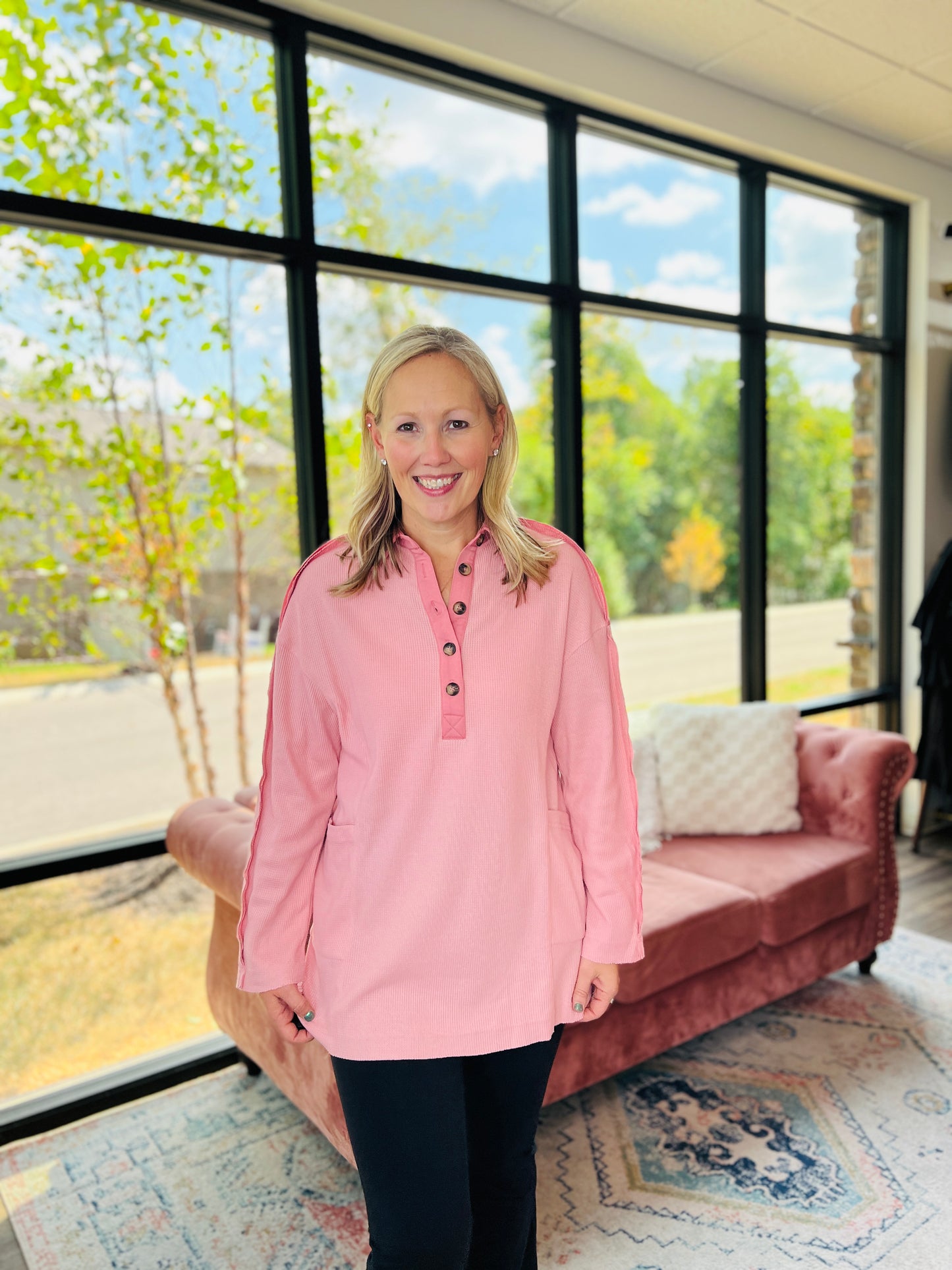 Cozy Henley Top- Dusty Pink