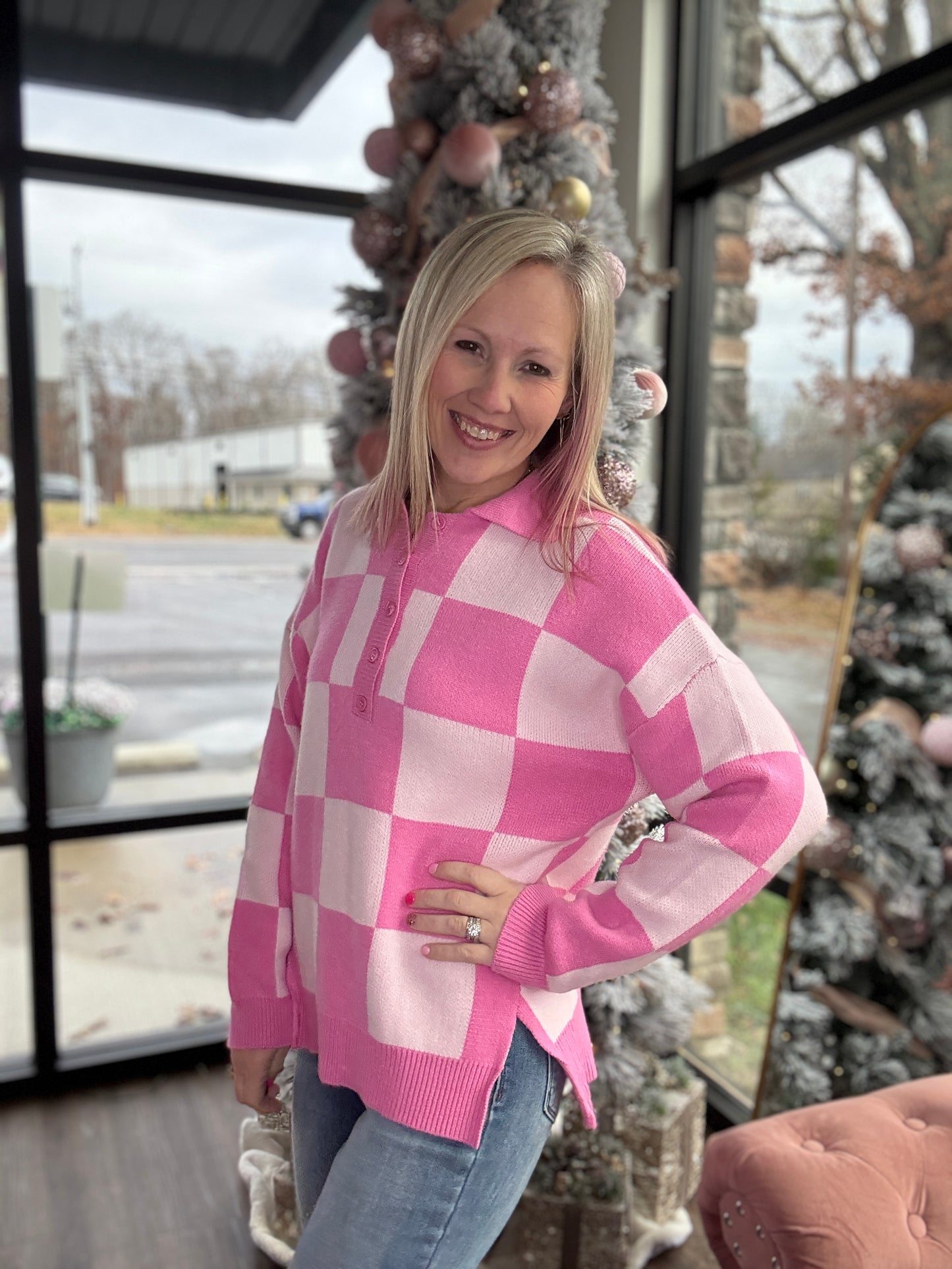 Pink Checkmate Sweater
