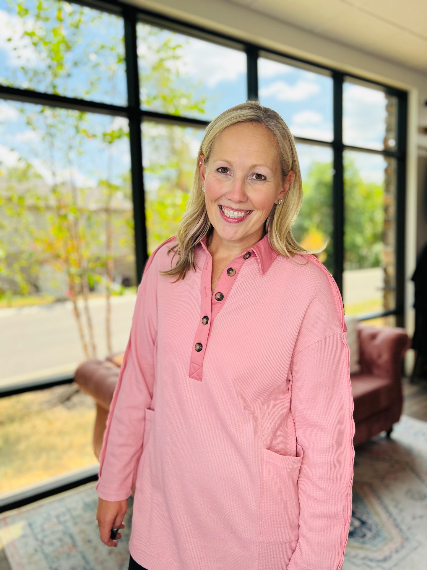 Cozy Henley Top- Dusty Pink