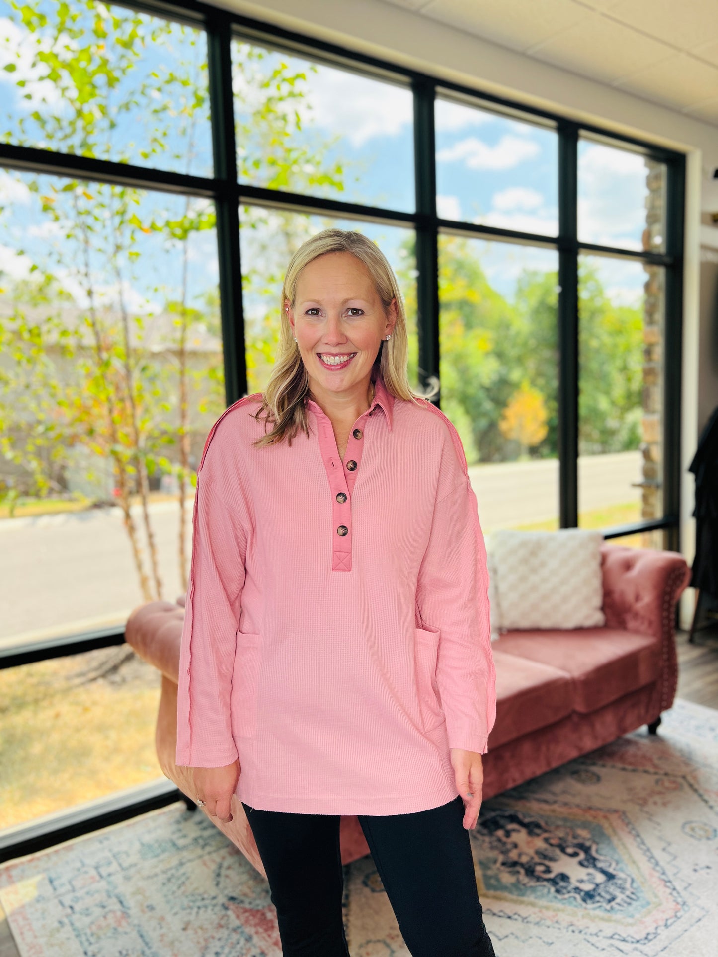 Cozy Henley Top- Dusty Pink