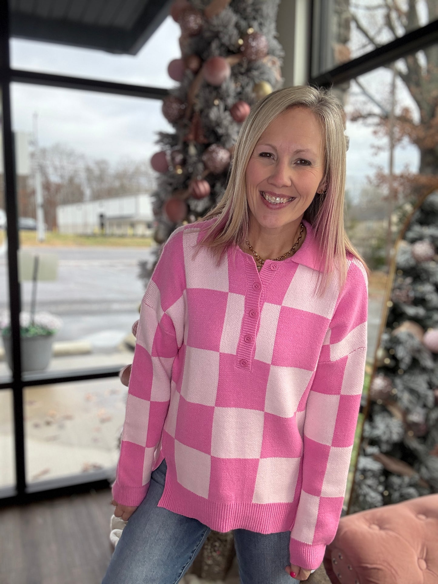 Pink Checkmate Sweater
