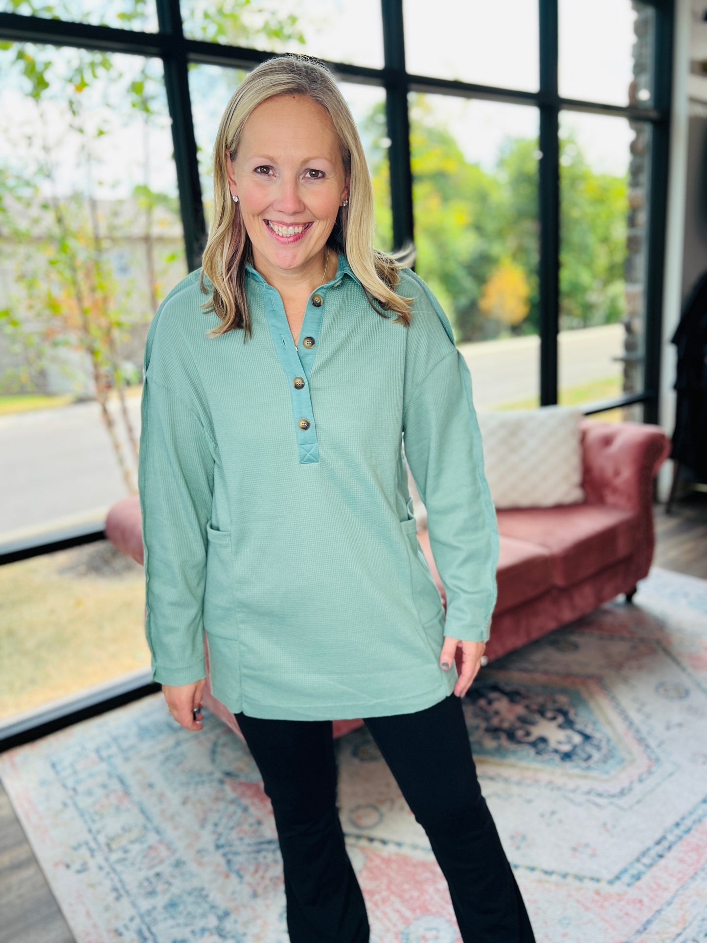 Cozy Henley Top- Smokey Sage