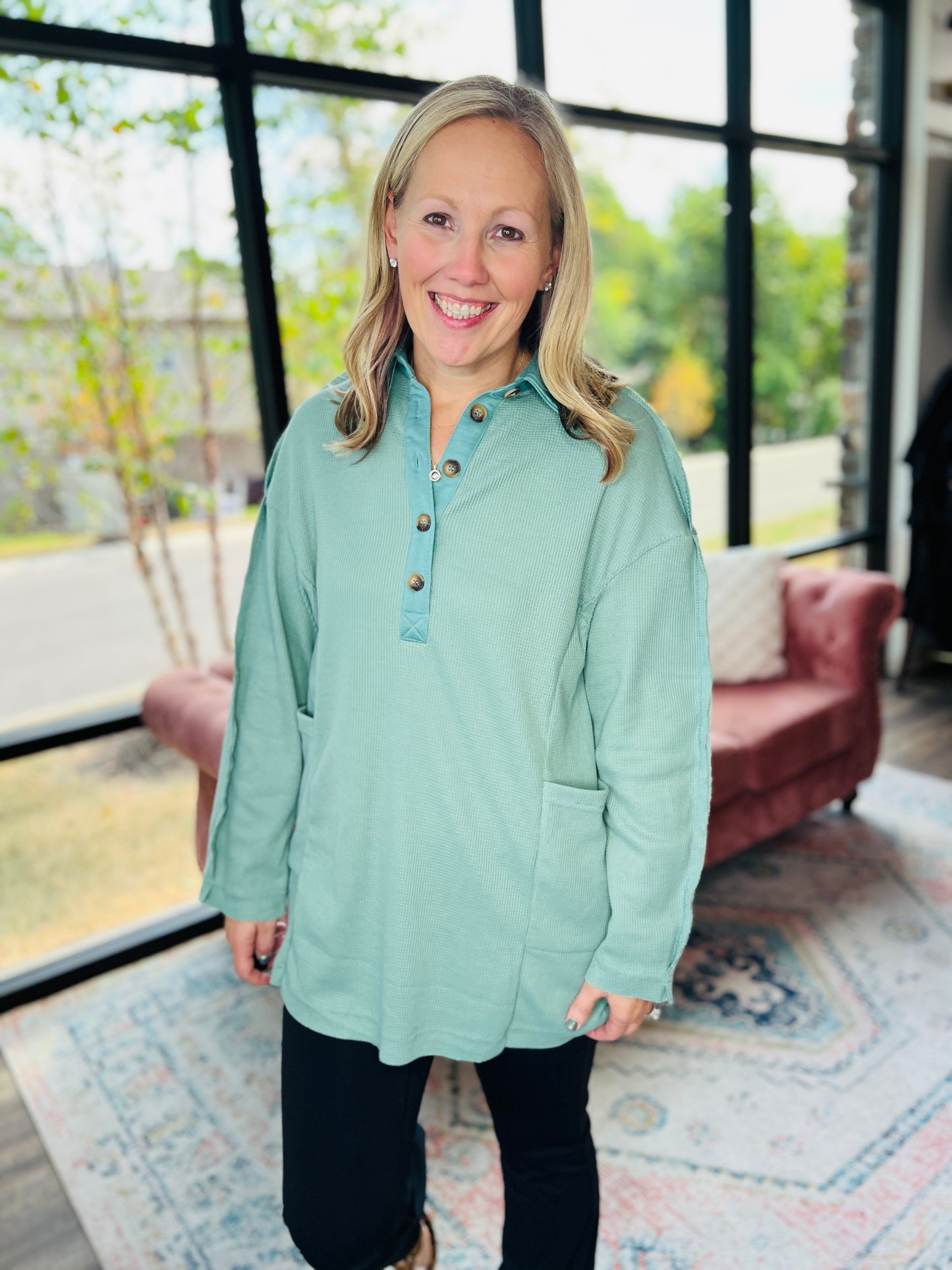 Cozy Henley Top- Smokey Sage