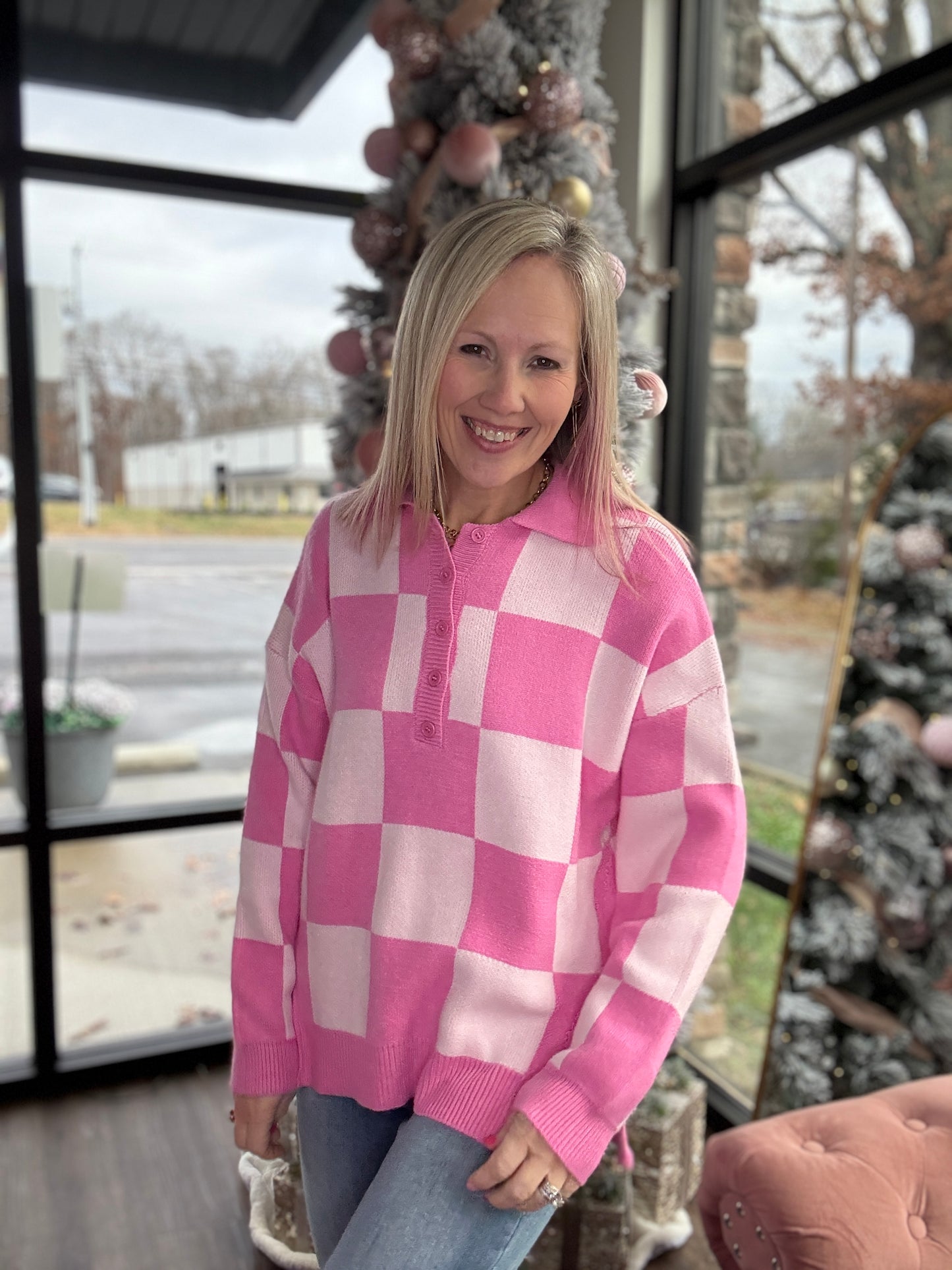 Pink Checkmate Sweater