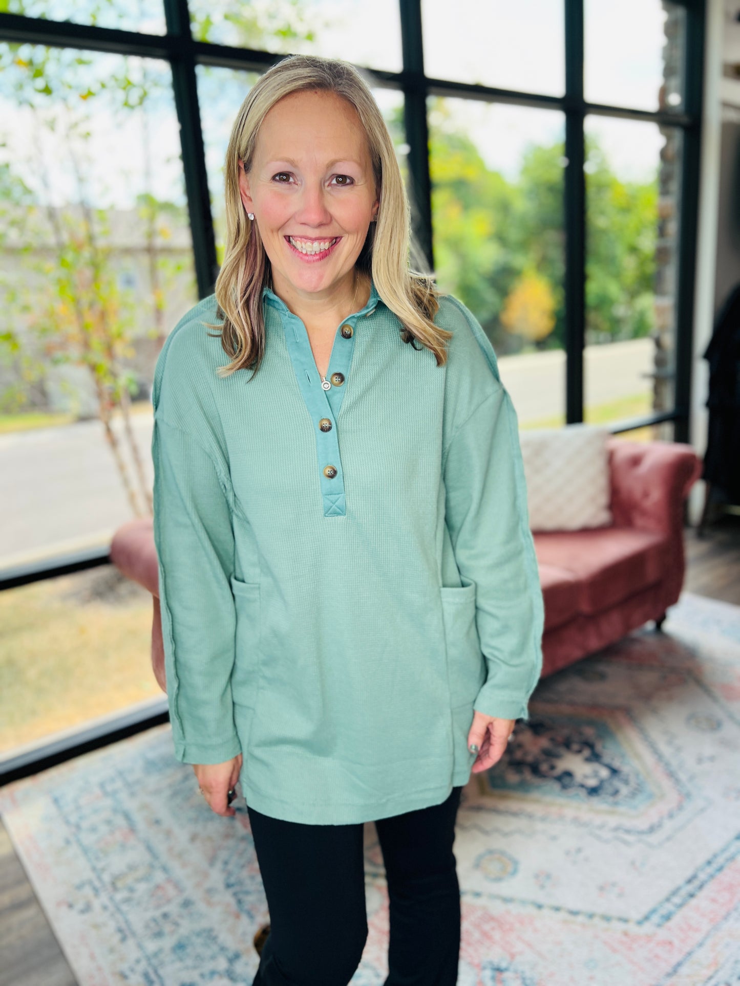 Cozy Henley Top- Smokey Sage