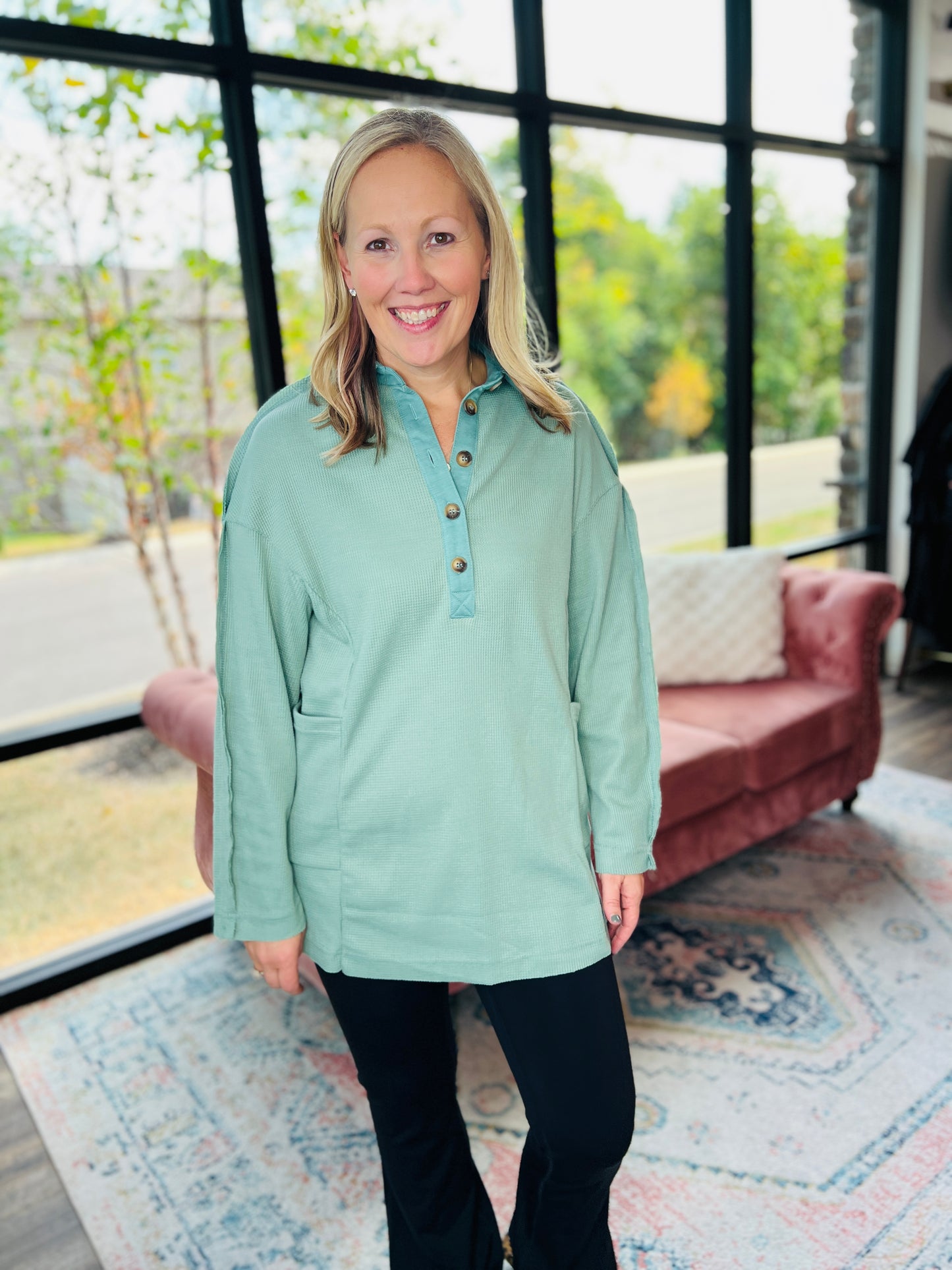 Cozy Henley Top- Smokey Sage