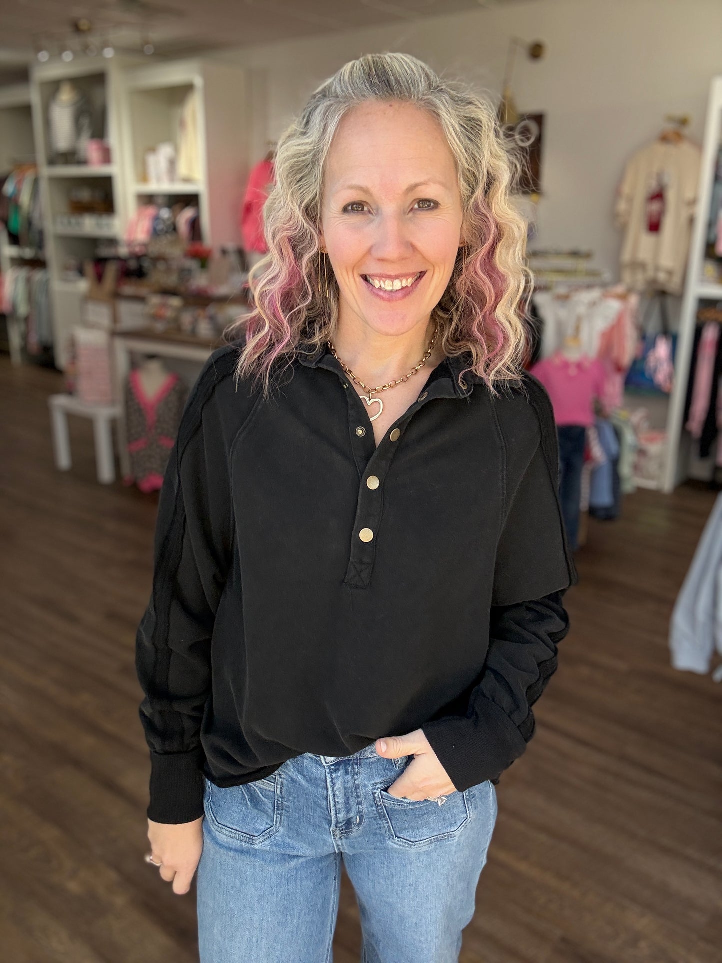 Marley Snap Sweatshirt- Black