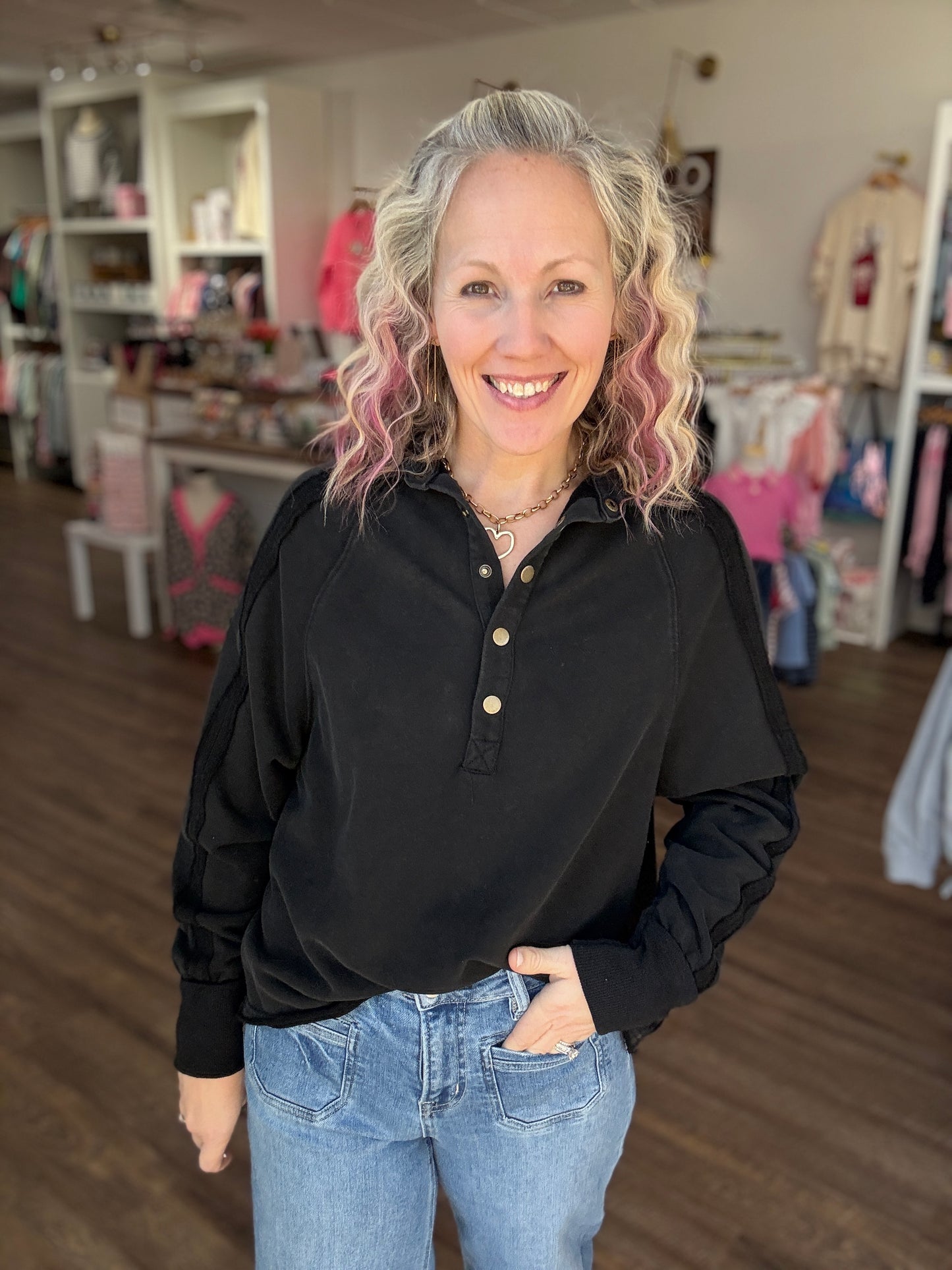 Marley Snap Sweatshirt- Black