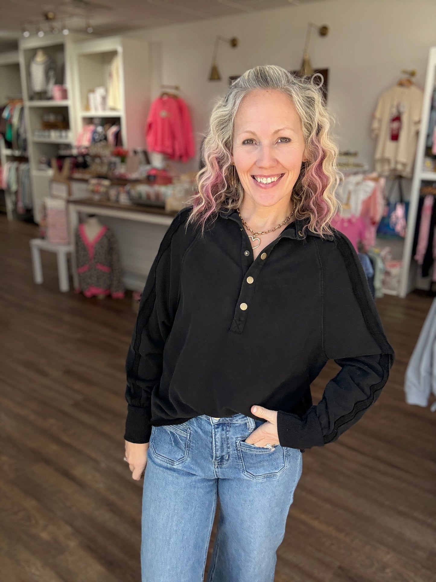 Marley Snap Sweatshirt- Black