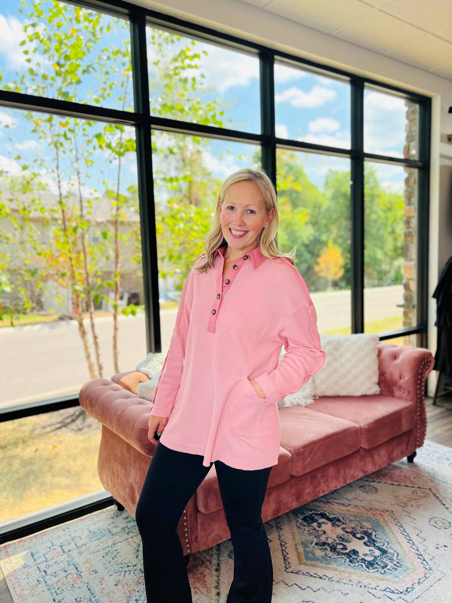 Cozy Henley Top- Dusty Pink