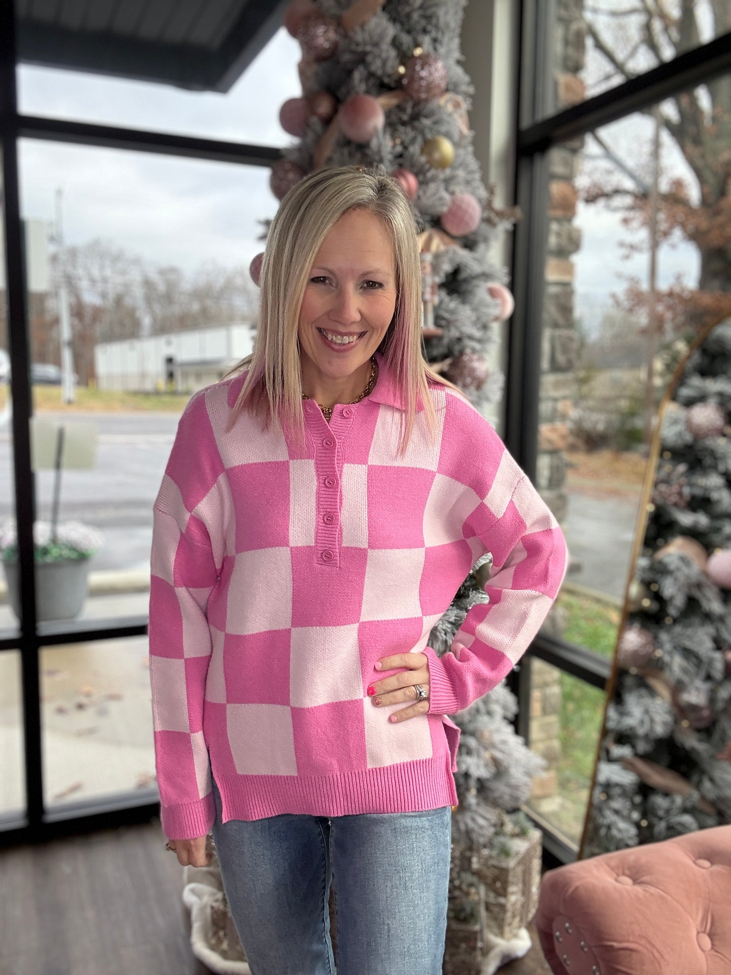 Pink Checkmate Sweater