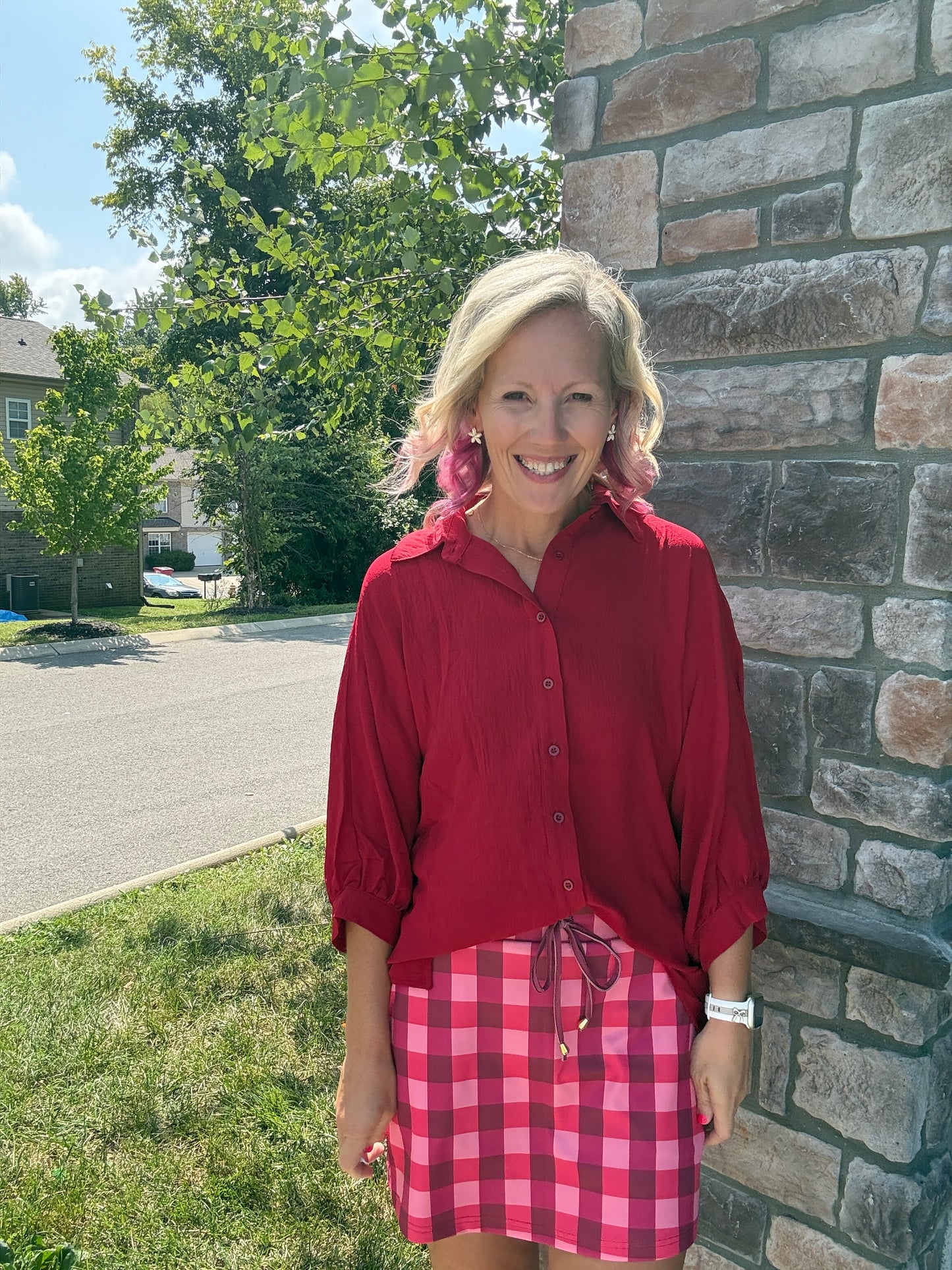 Sutton Button Up Top- Burgundy