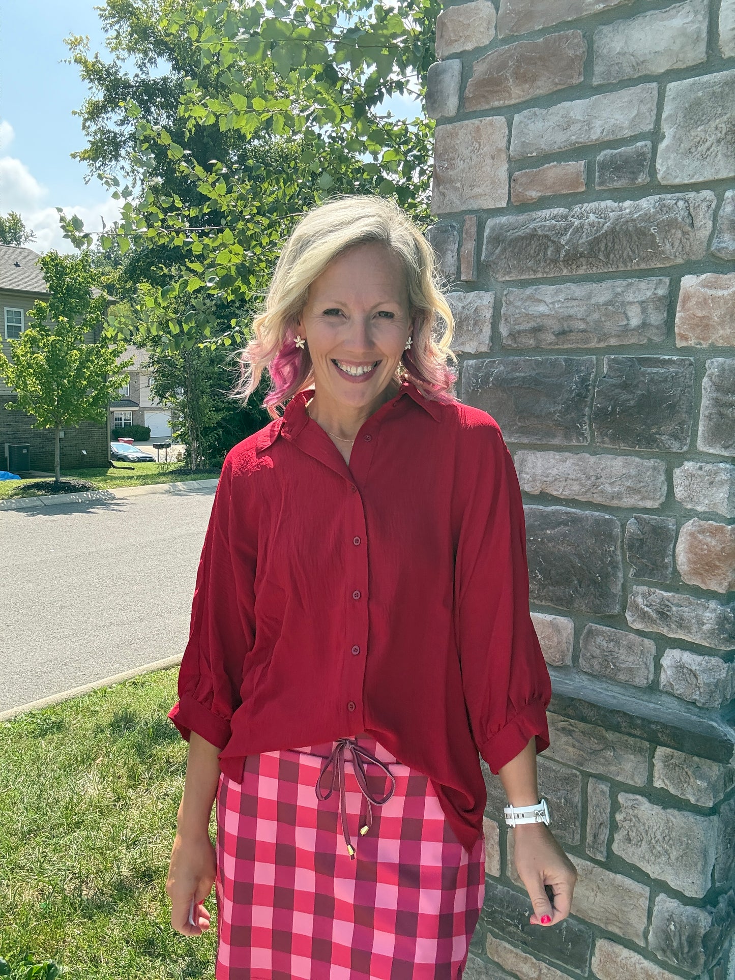 Sutton Button Up Top- Burgundy