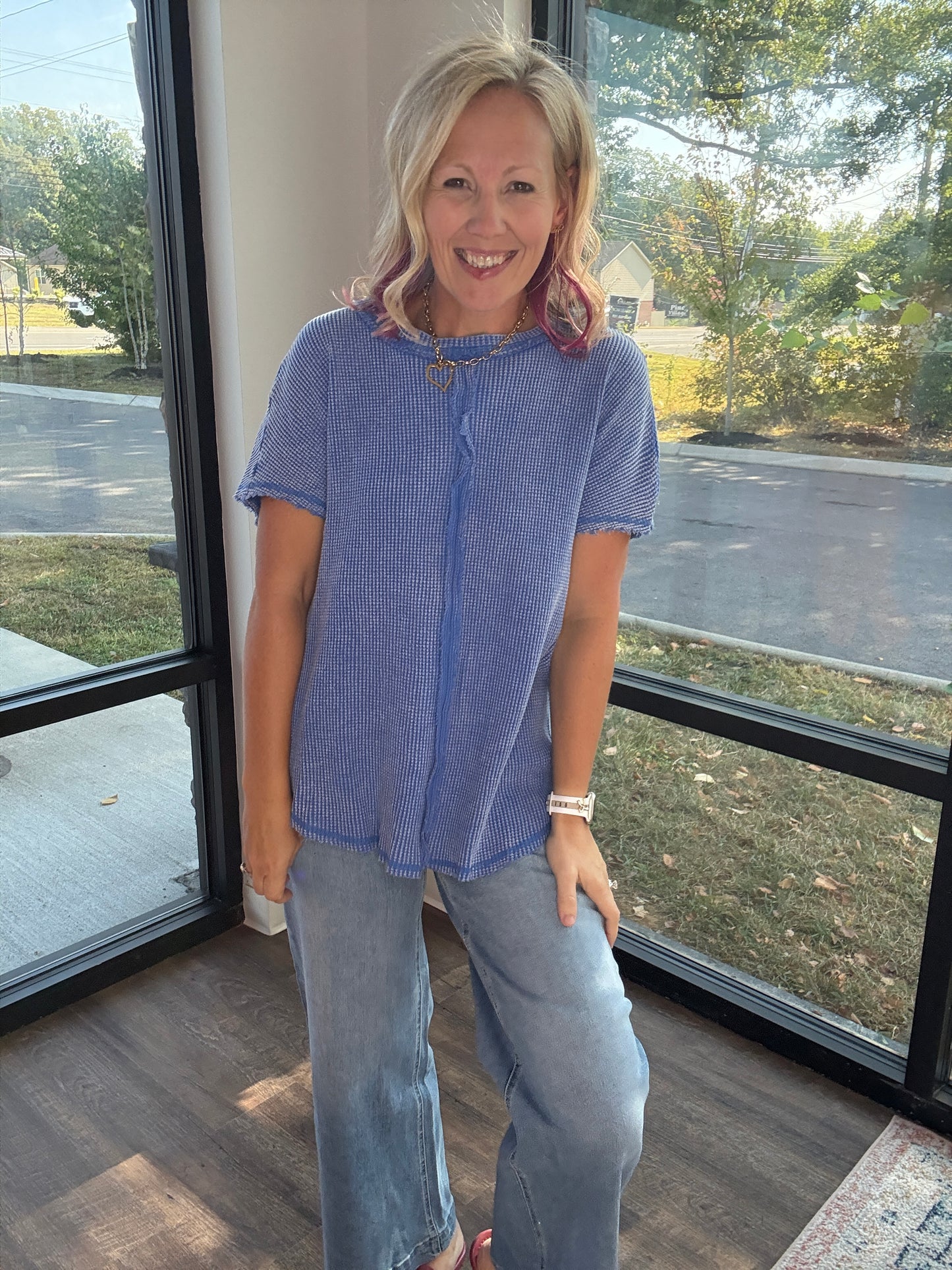 Blue Washed Waffle Top