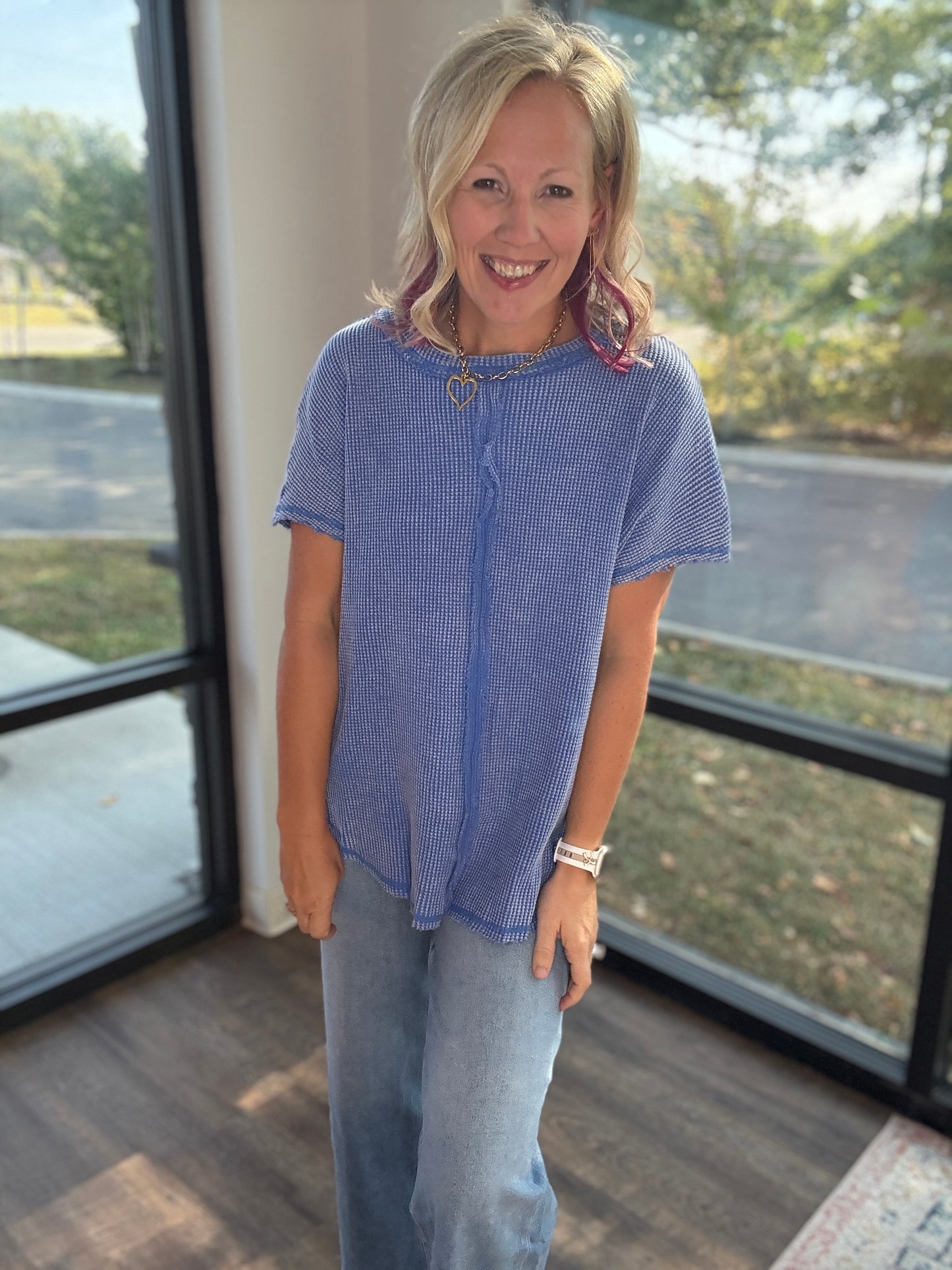 Blue Washed Waffle Top