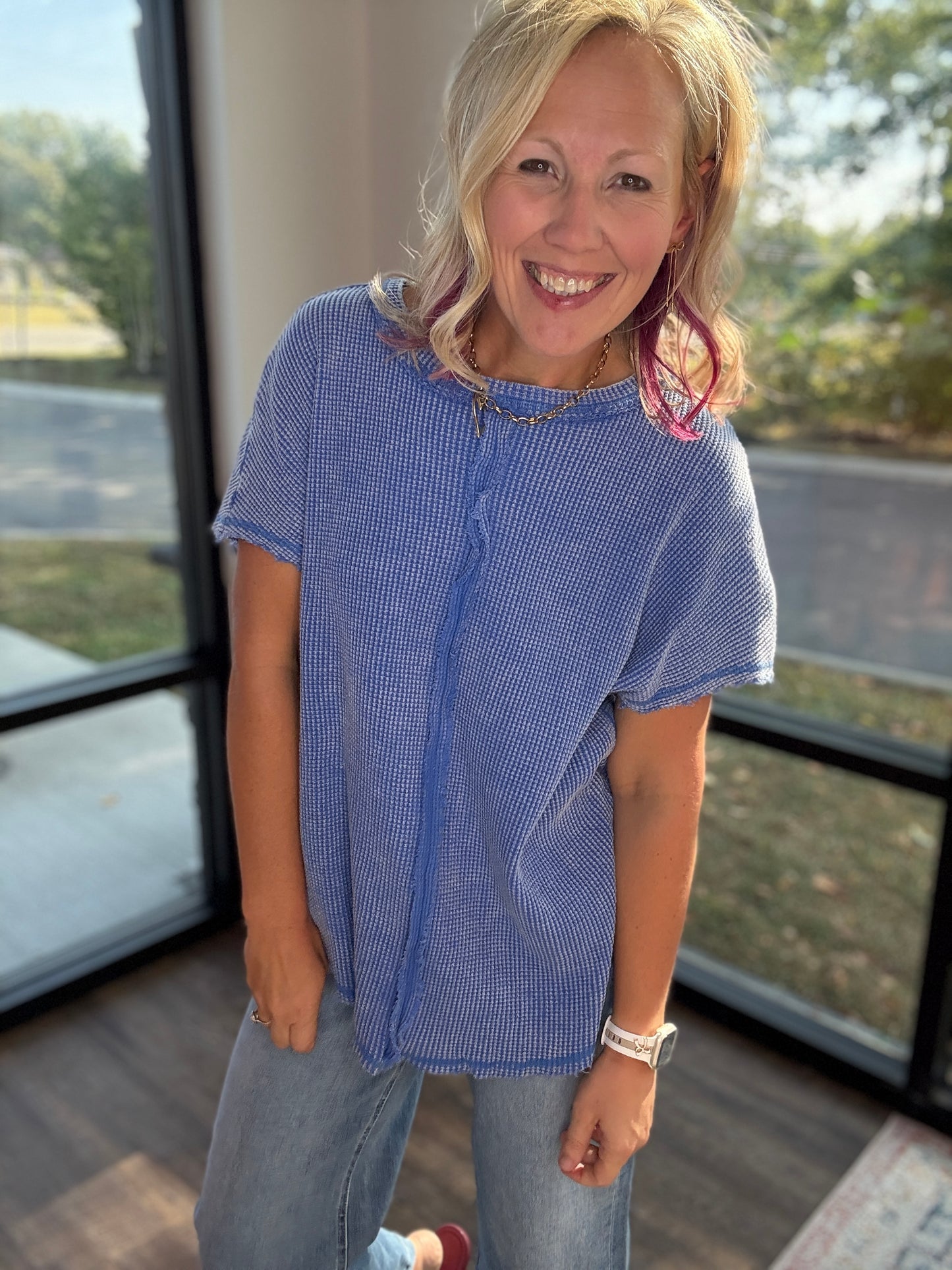 Blue Washed Waffle Top