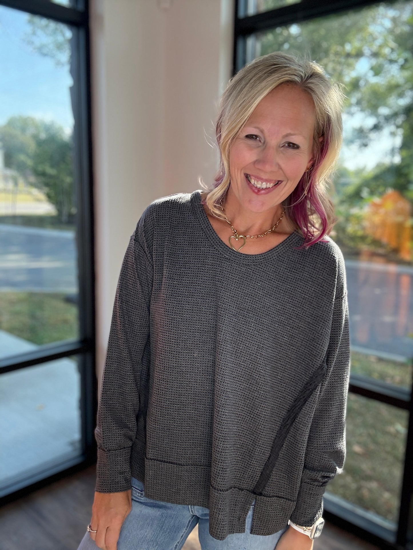 Charcoal Two-Tone Waffle Top