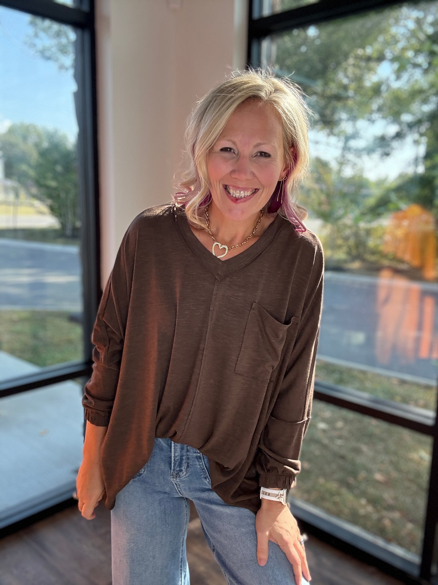 Fall Favorite Pocket Tee- Chocolate