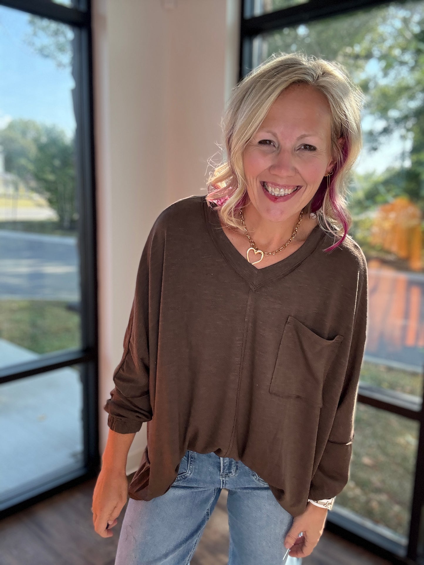 Fall Favorite Pocket Tee- Chocolate