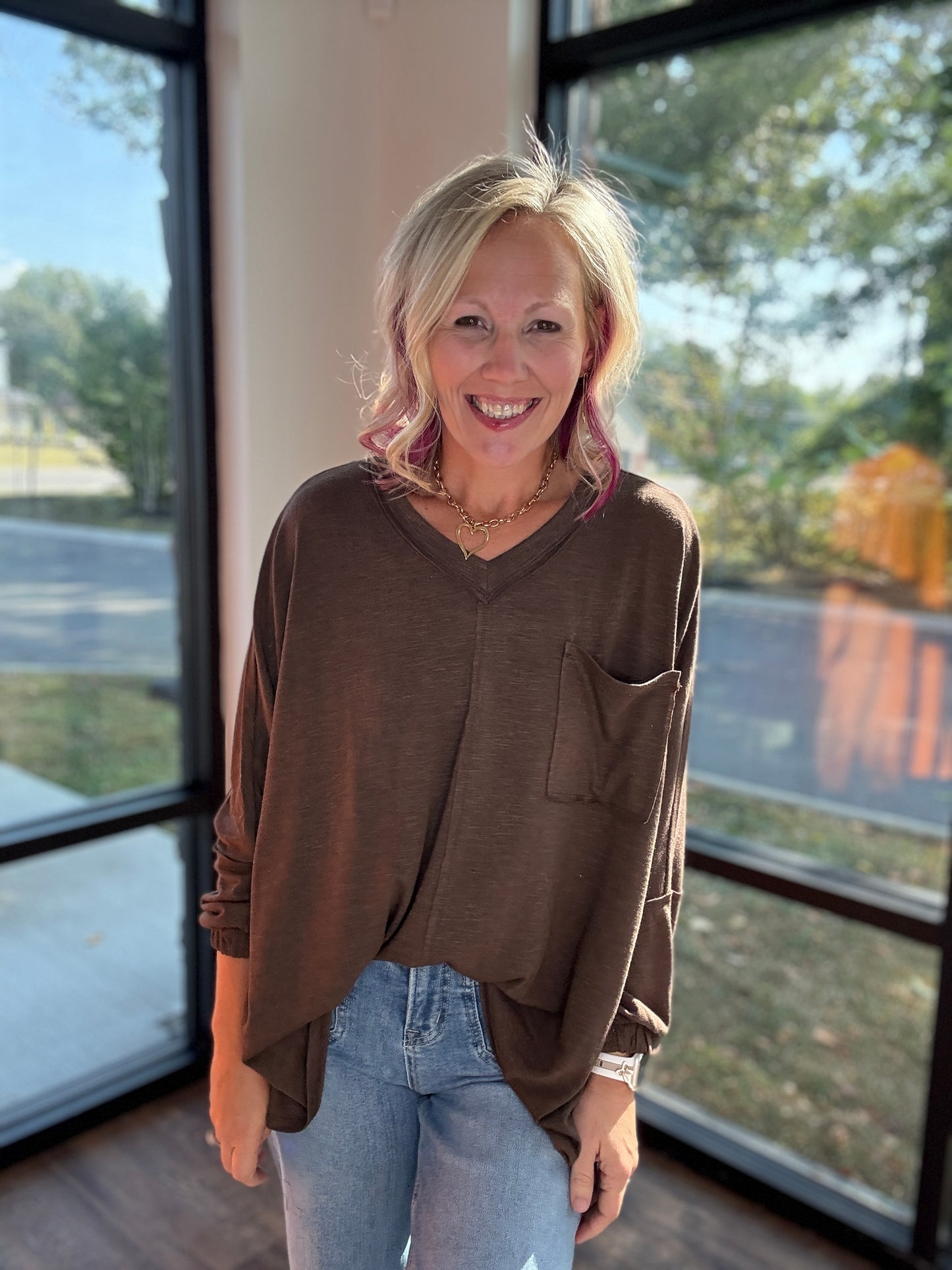 Fall Favorite Pocket Tee- Chocolate
