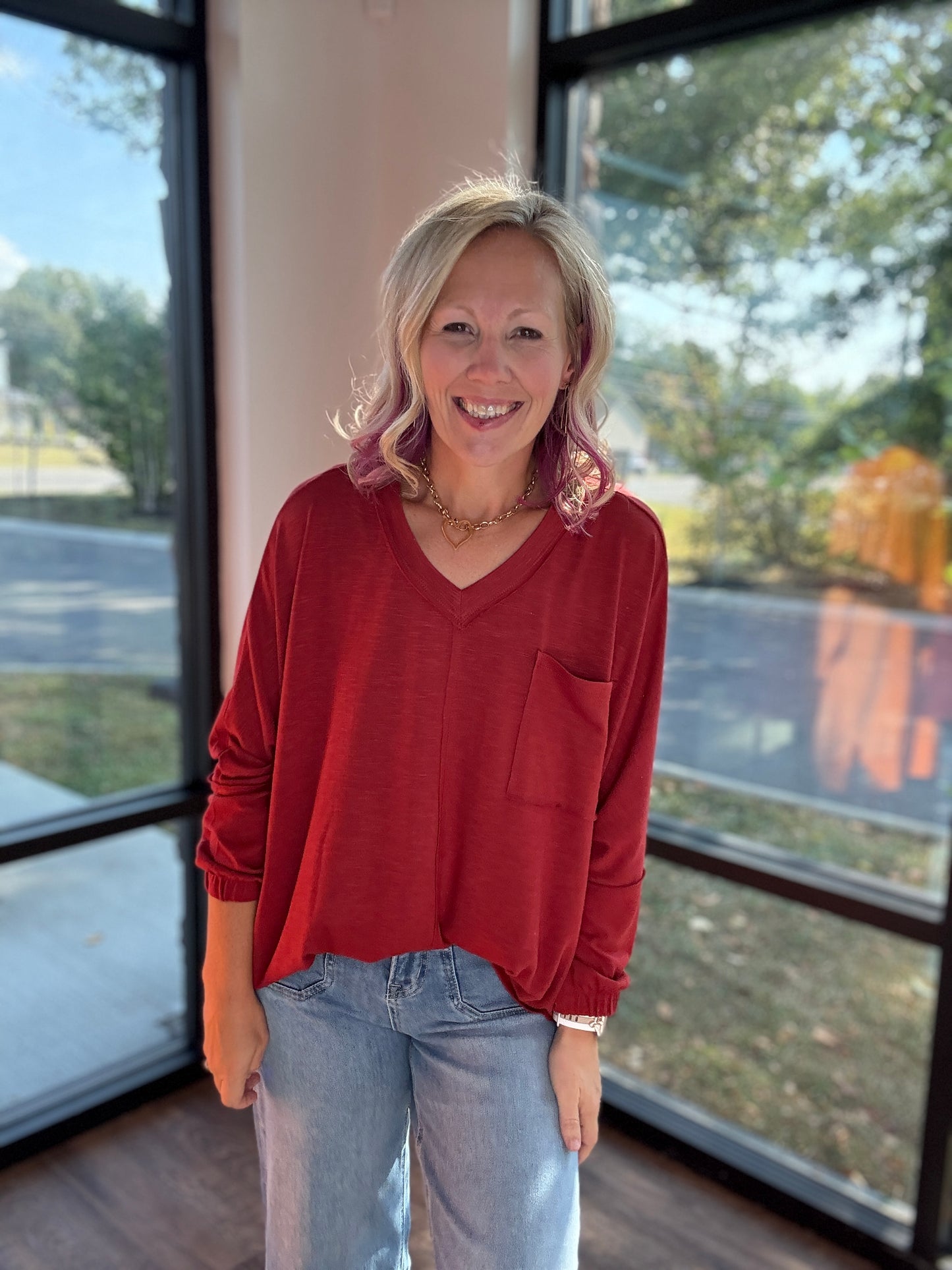 Fall Favorite Pocket Tee- Garnet