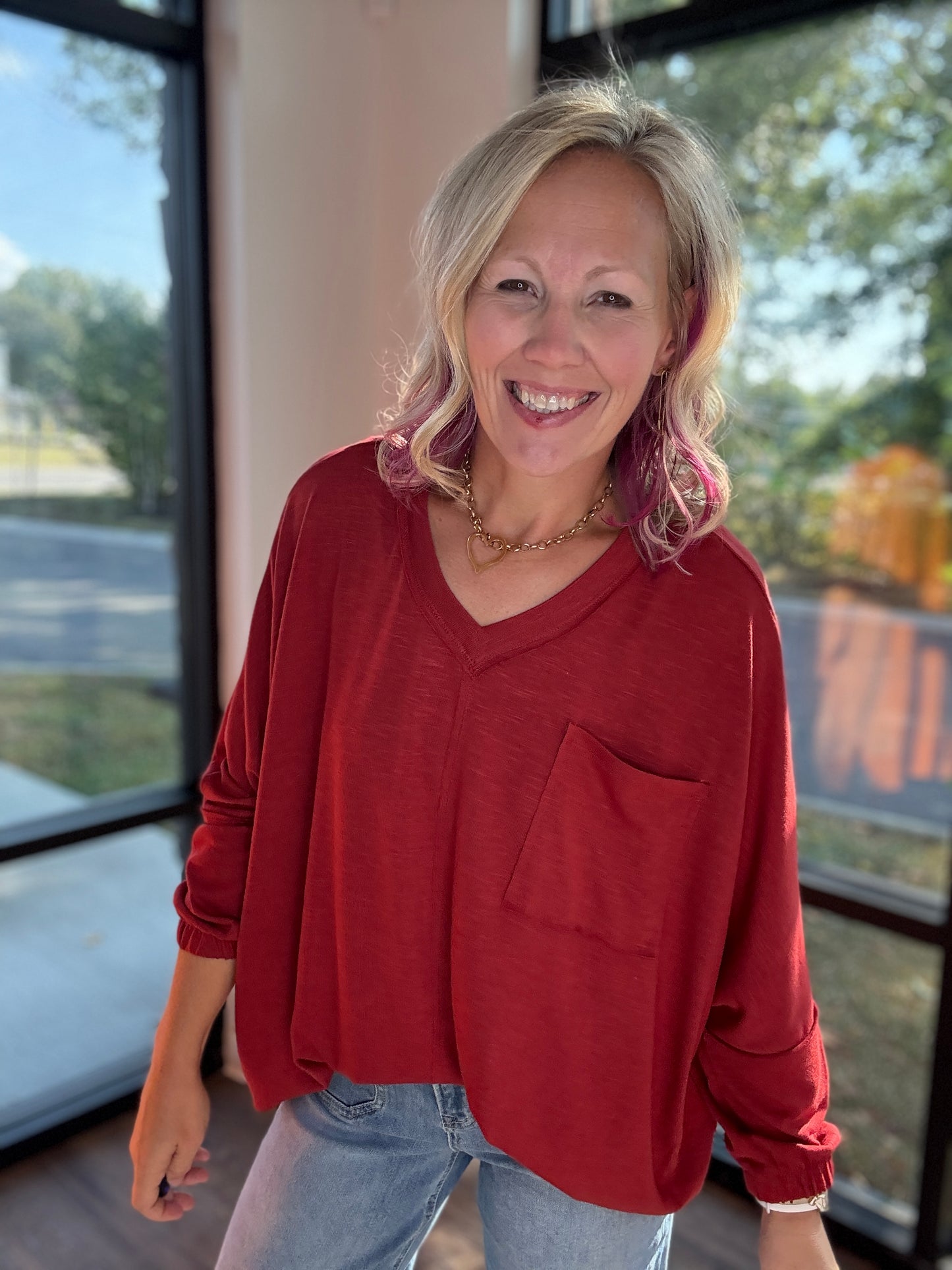 Fall Favorite Pocket Tee- Garnet