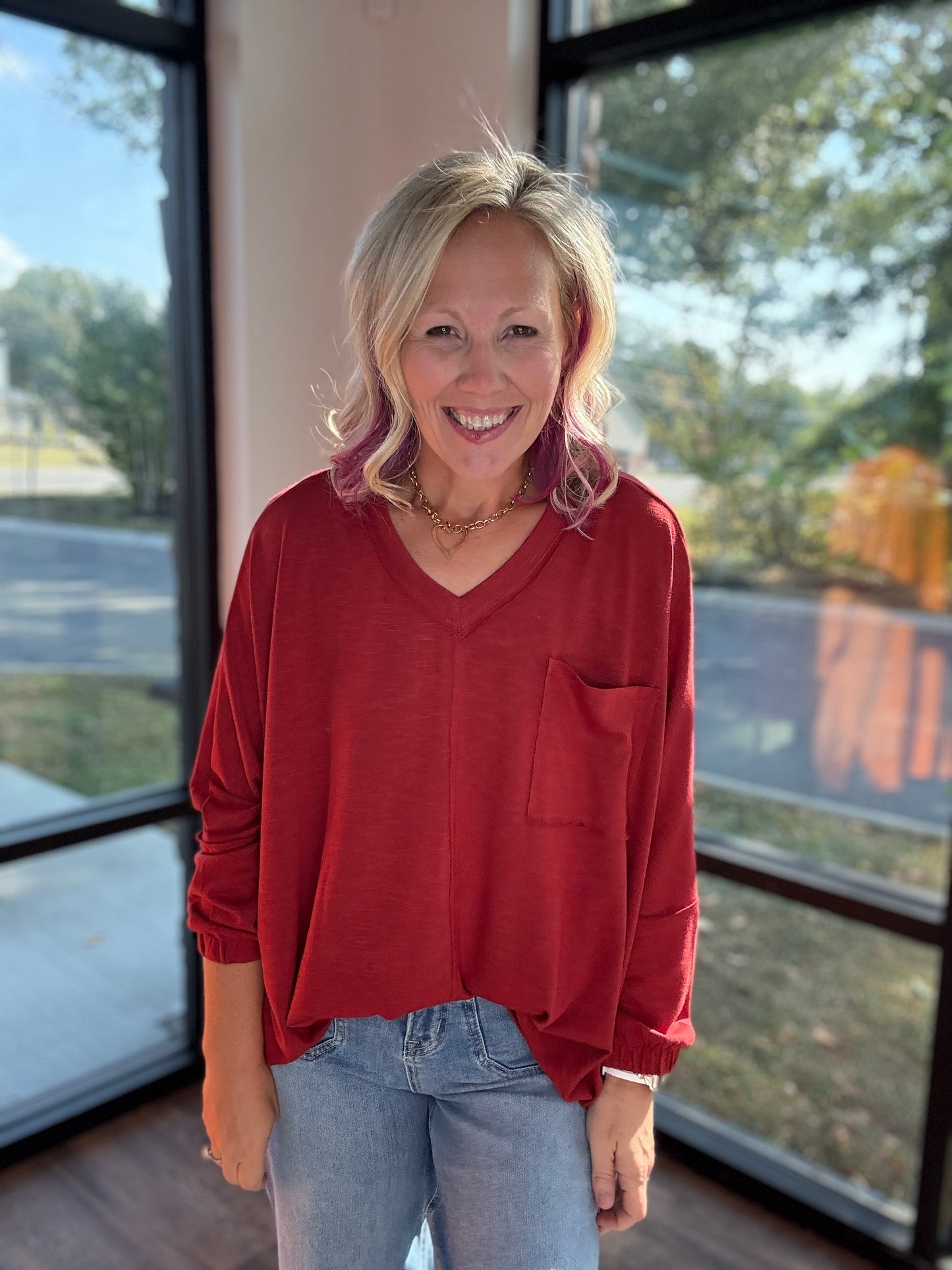 Fall Favorite Pocket Tee- Garnet