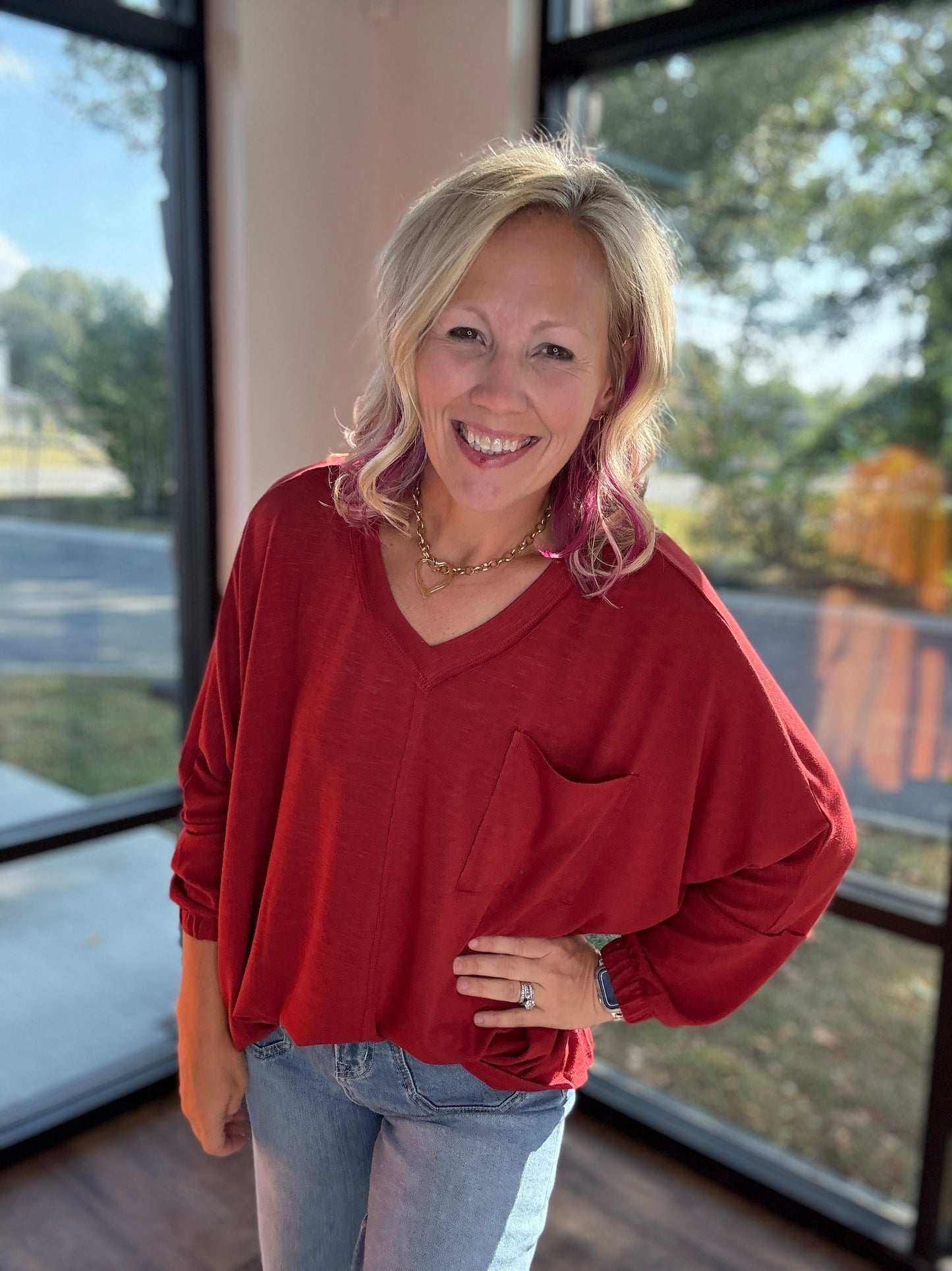 Fall Favorite Pocket Tee- Garnet