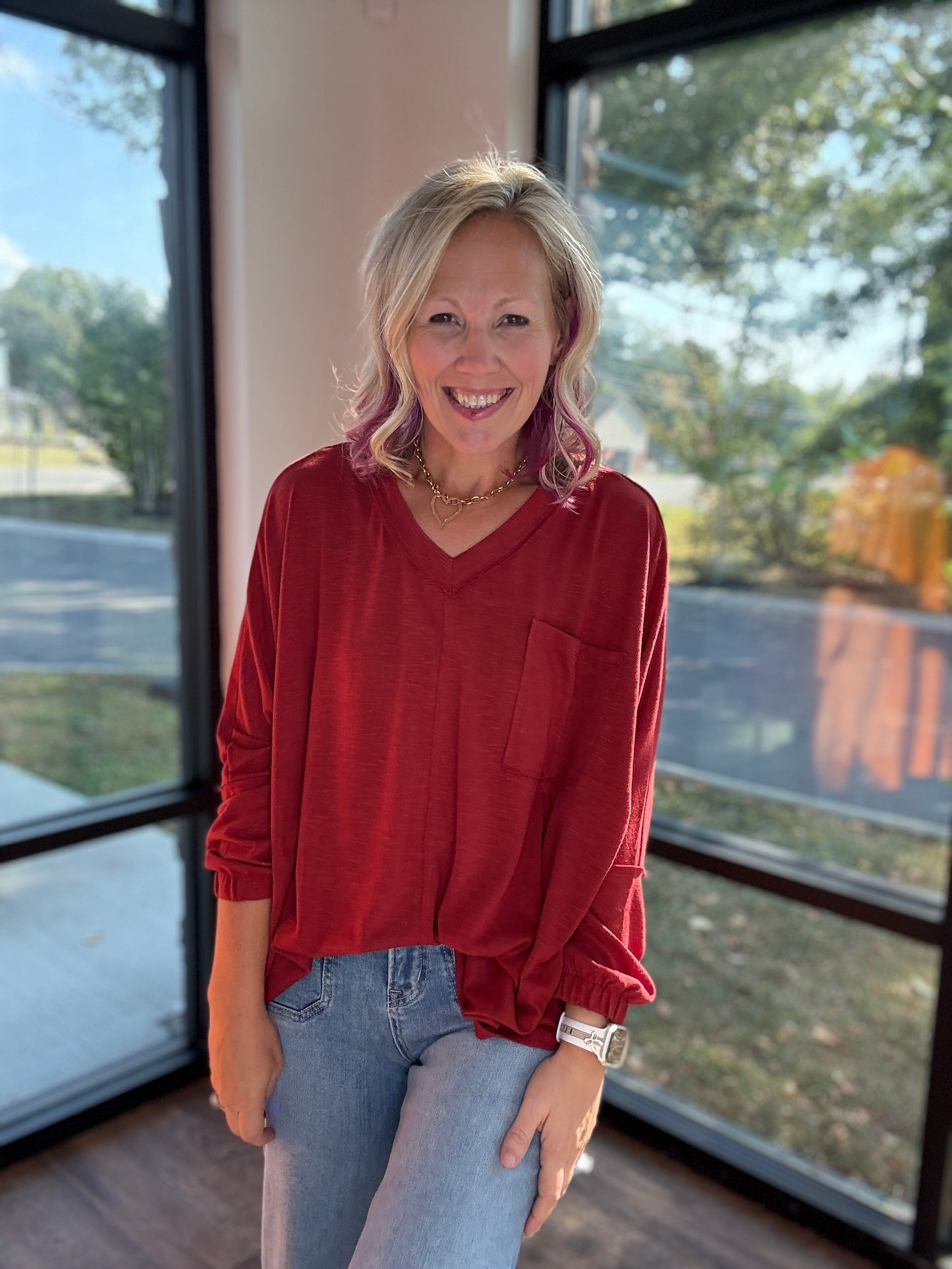 Fall Favorite Pocket Tee- Garnet