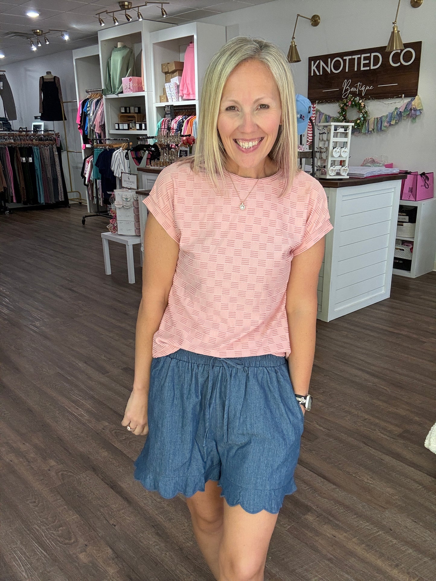 Chambray Scalloped Shorts-Dark