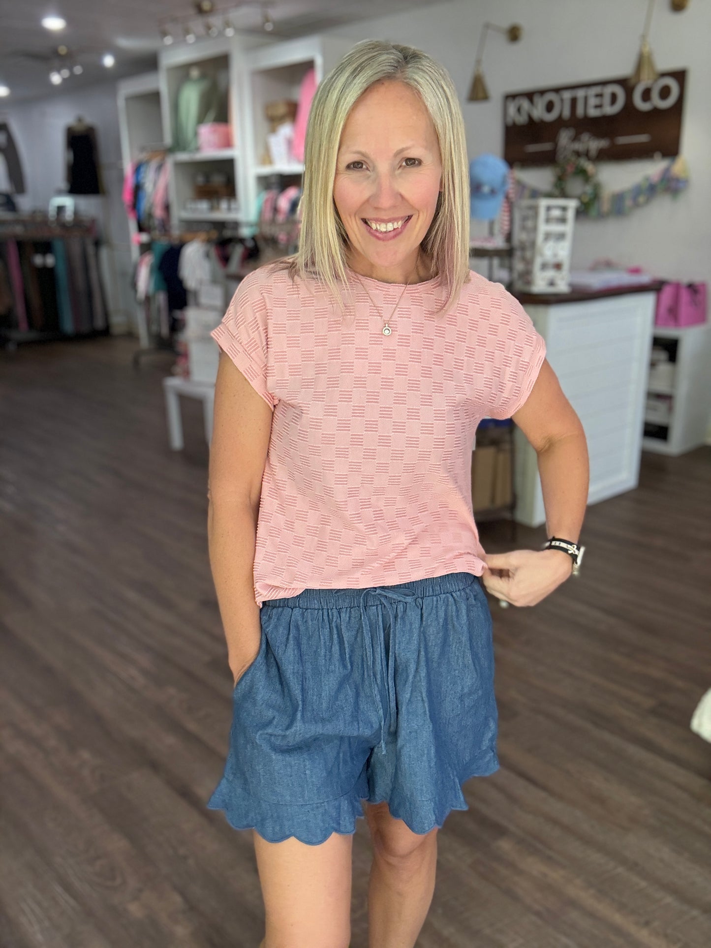 Chambray Scalloped Shorts-Dark